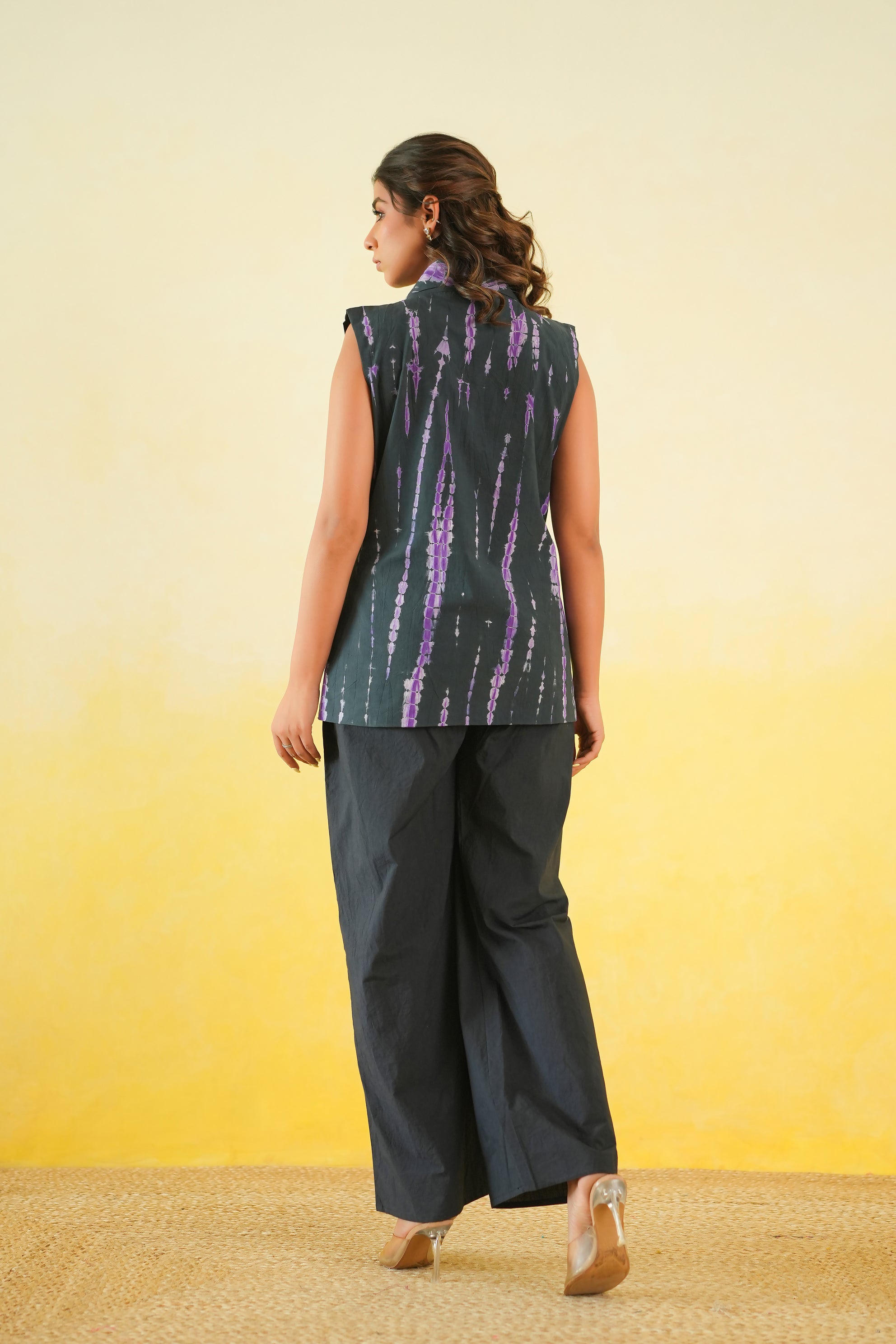 Long Waistcoat and Pants Co-Ord Set of two in Shibori (Black and Purple)