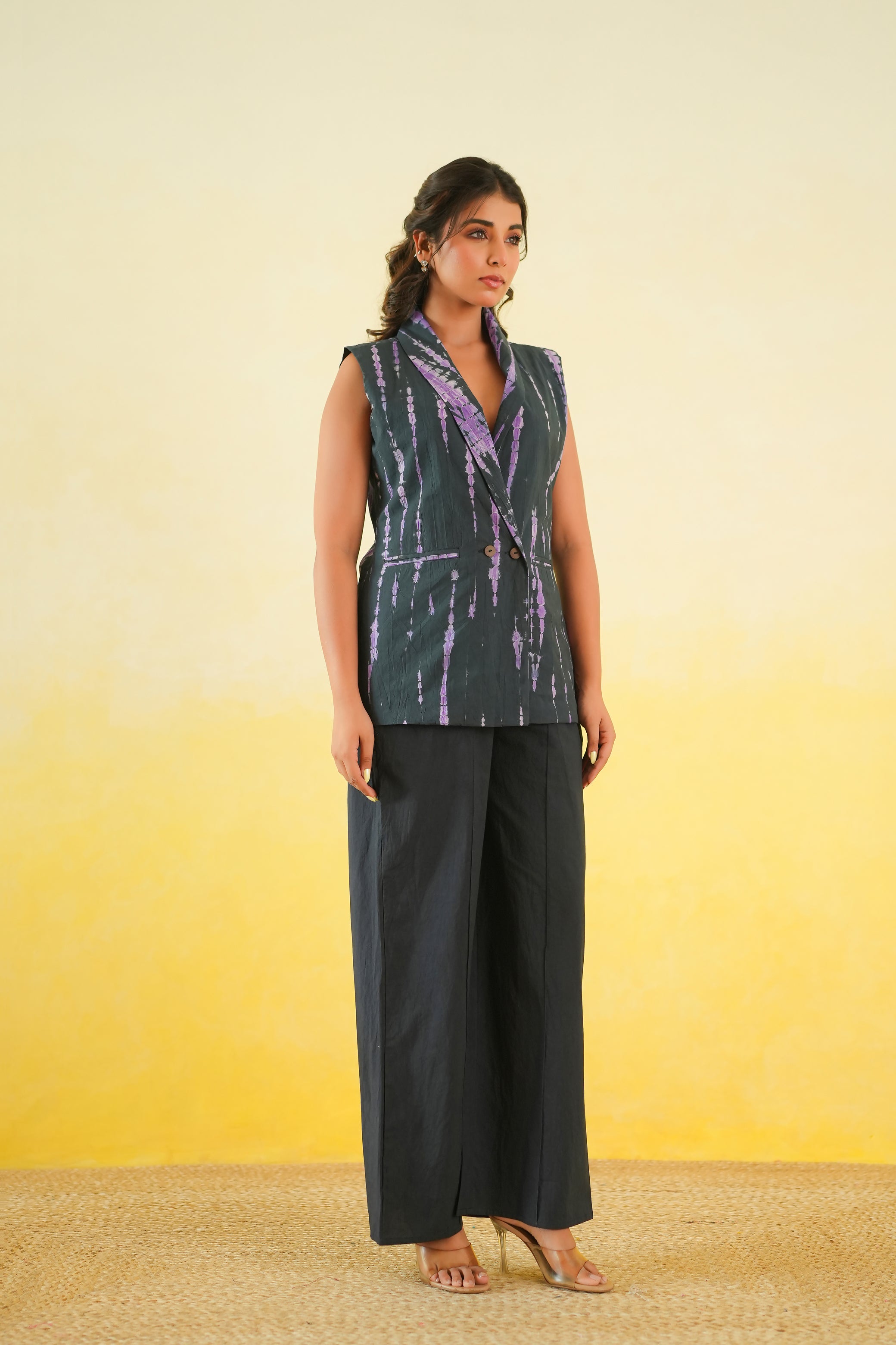 Long Waistcoat and Pants Co-Ord Set of two in Shibori (Black and Purple)