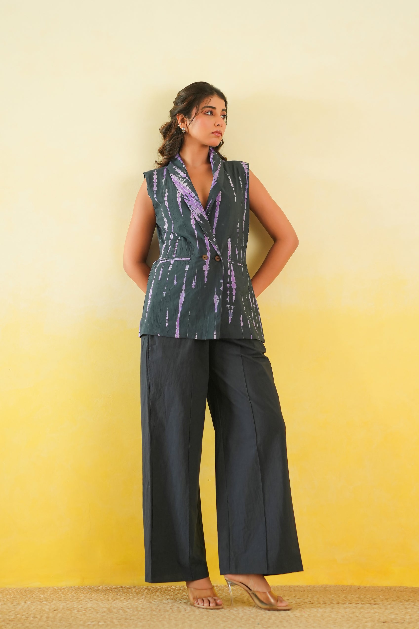Long Waistcoat and Pants Co-Ord Set of two in Shibori (Black and Purple)