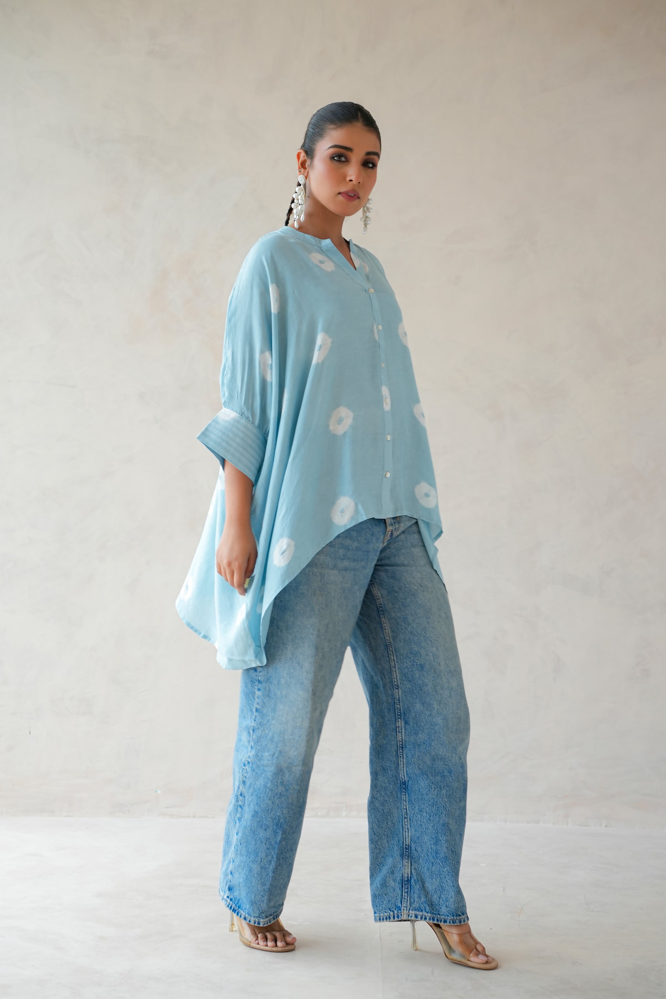 Bandhani Kaftan Shirt (Ice Blue)