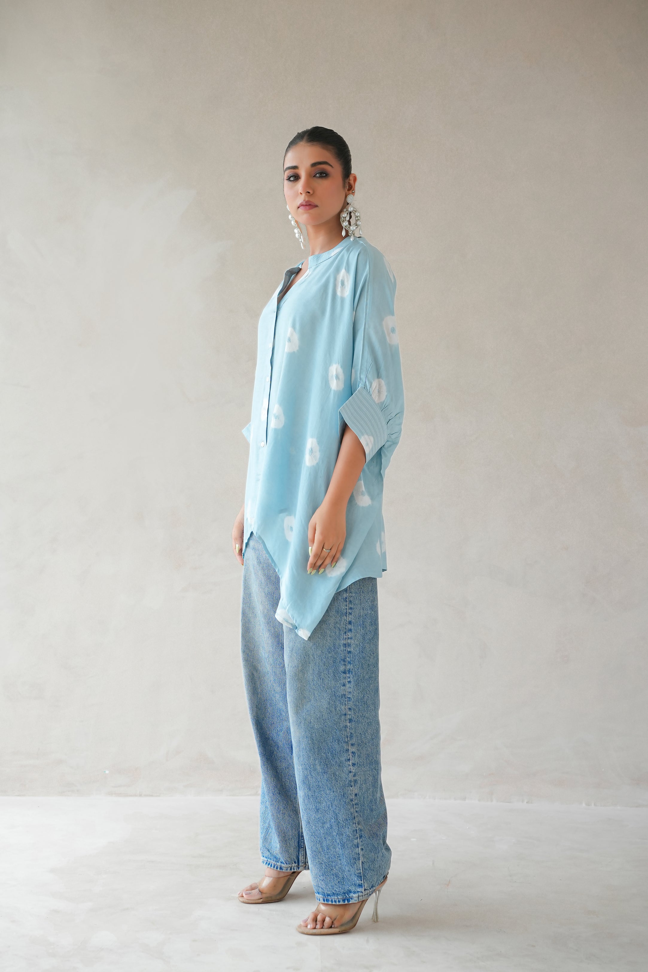 Bandhani Kaftan Shirt (Ice Blue)