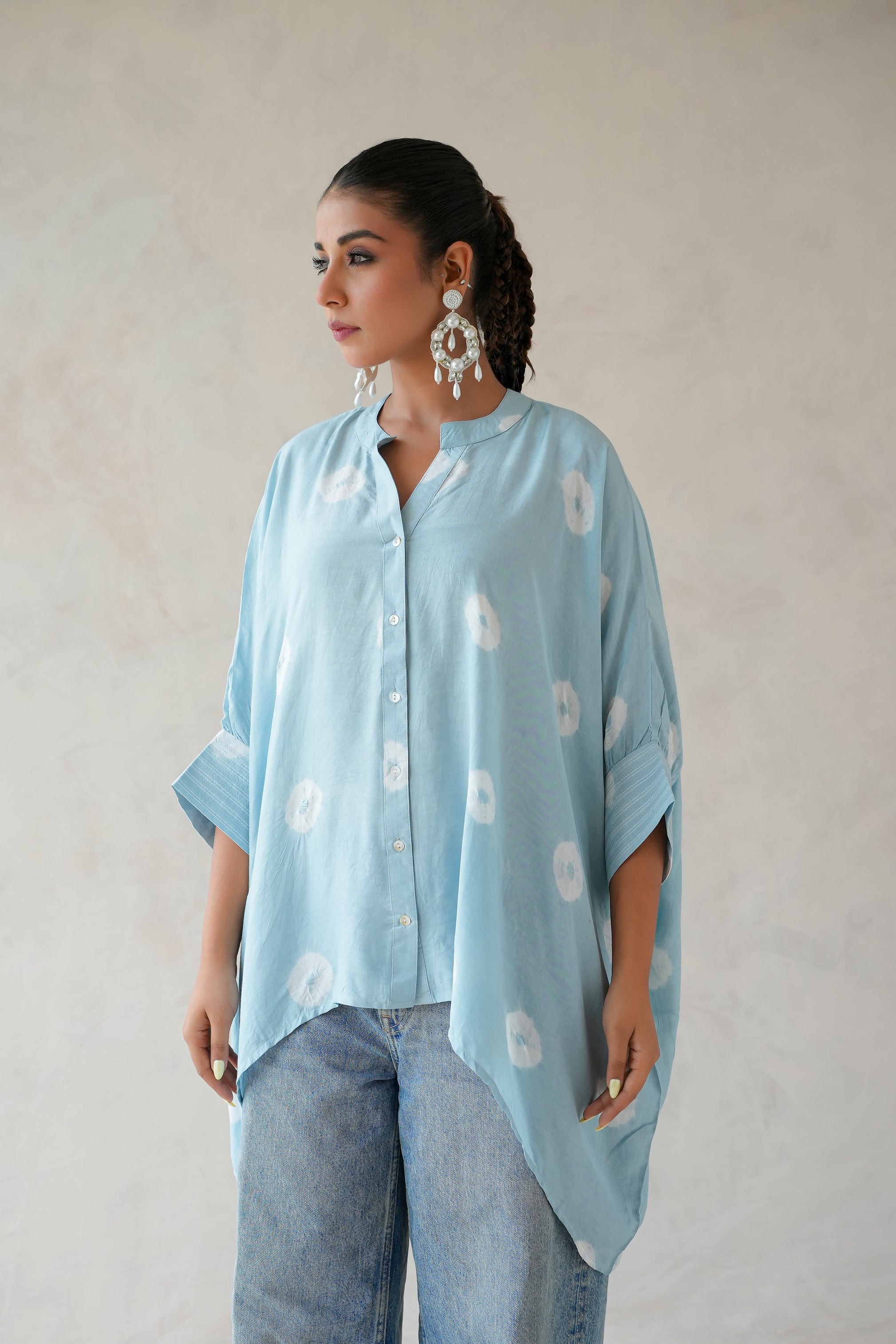 Bandhani Kaftan Shirt (Ice Blue)
