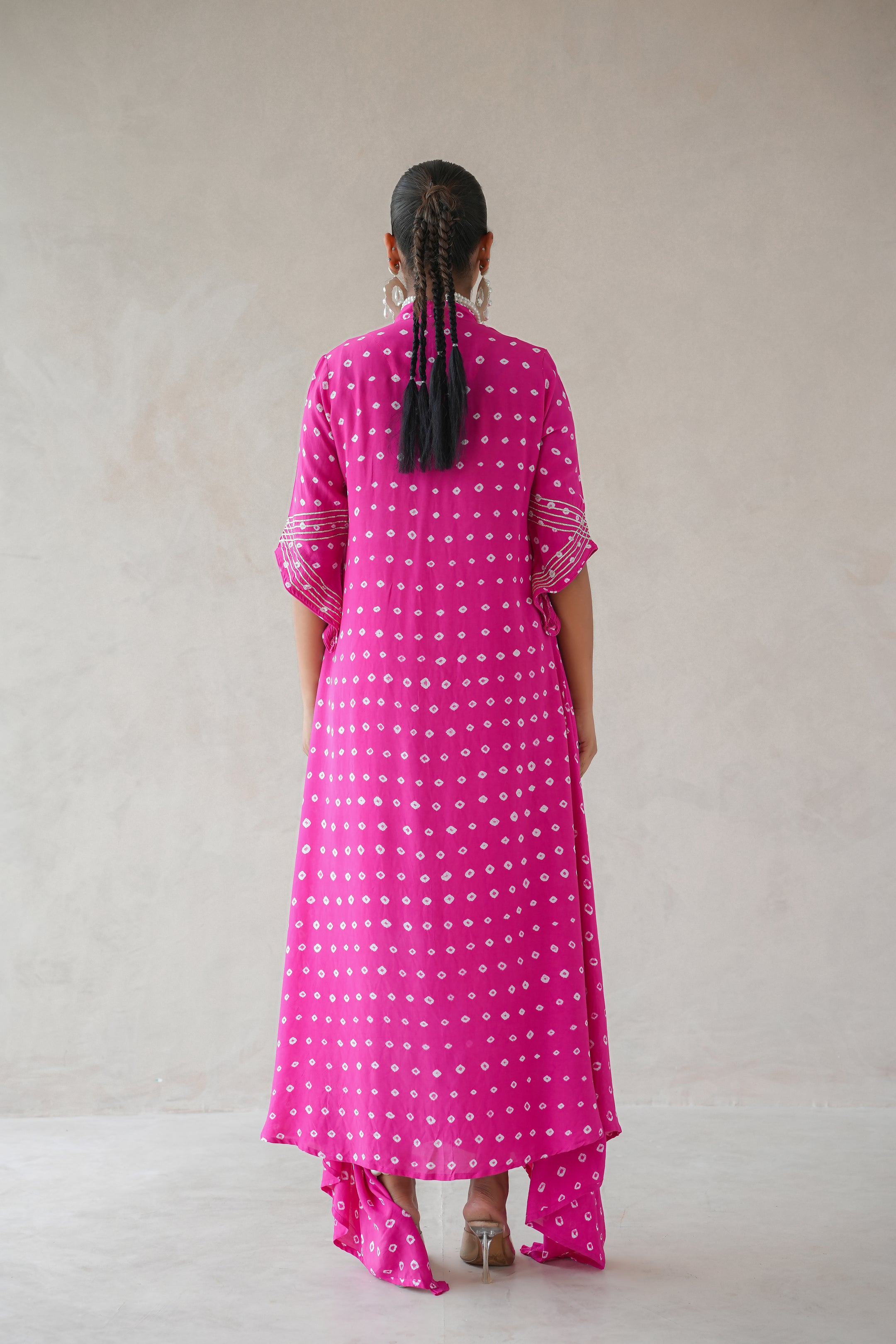 Bandhani Asymmetrical Kurta Set (Hot Pink)