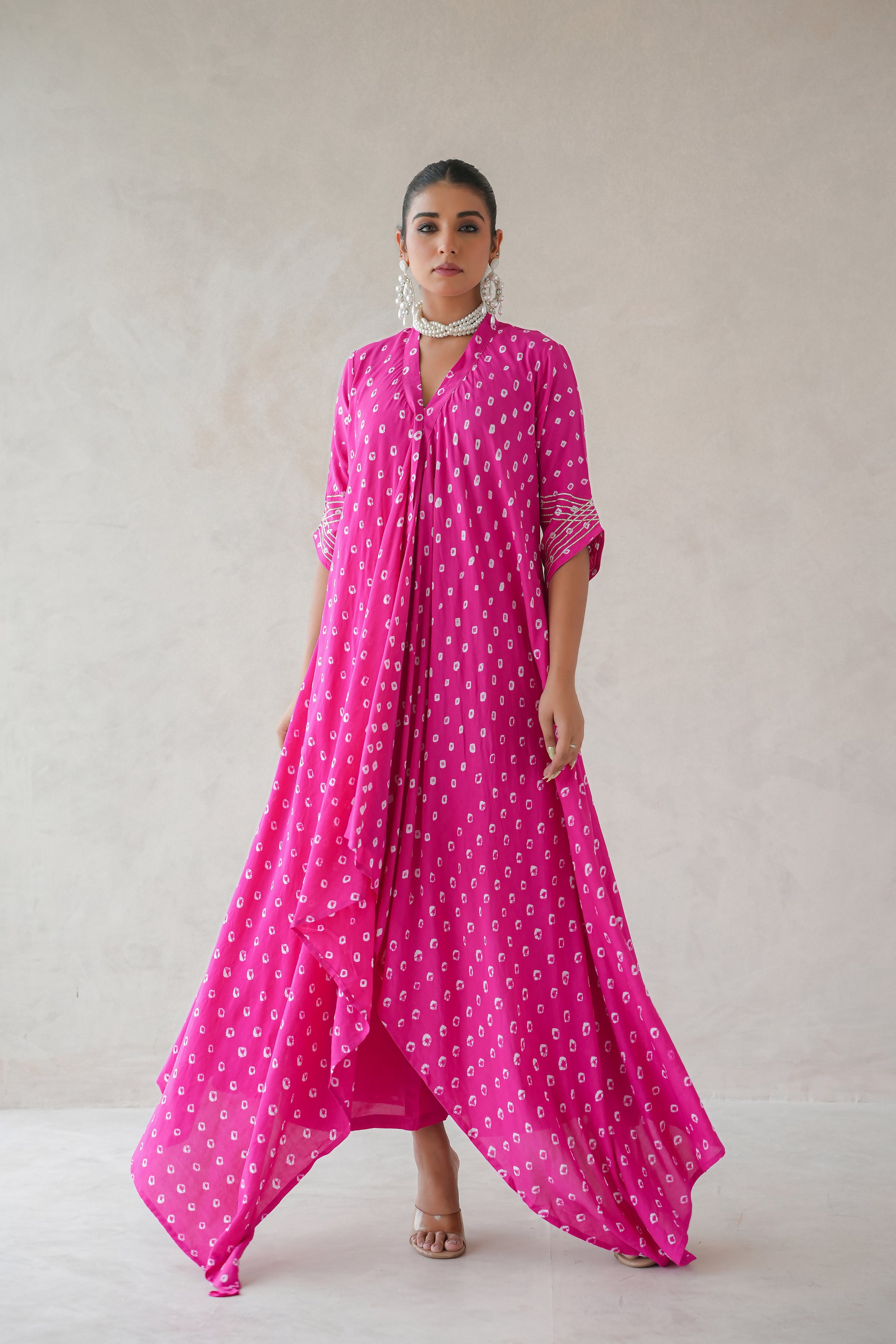 Bandhani Asymmetrical Kurta Set (Hot Pink)