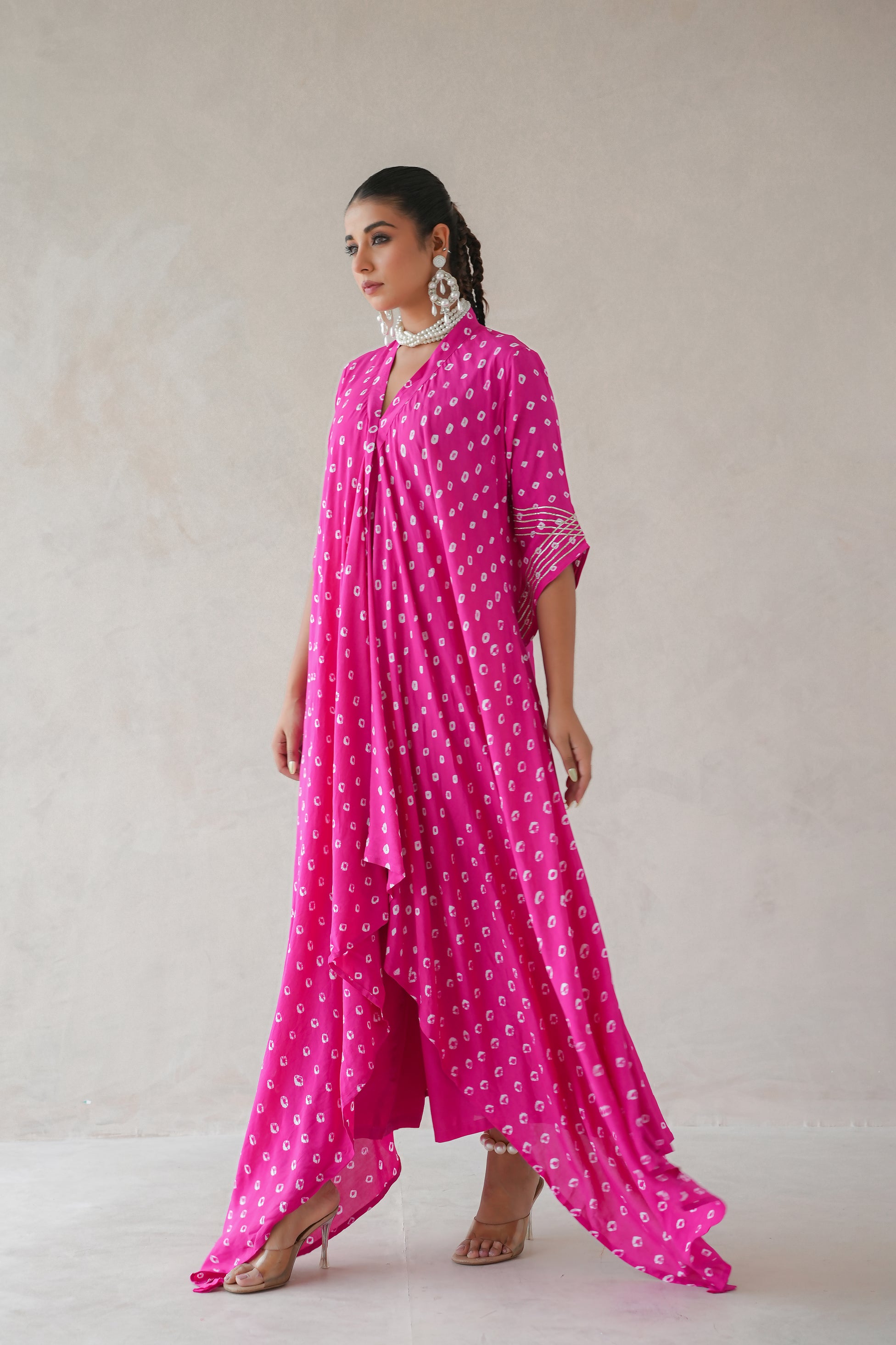 Bandhani Asymmetrical Kurta Set (Hot Pink)