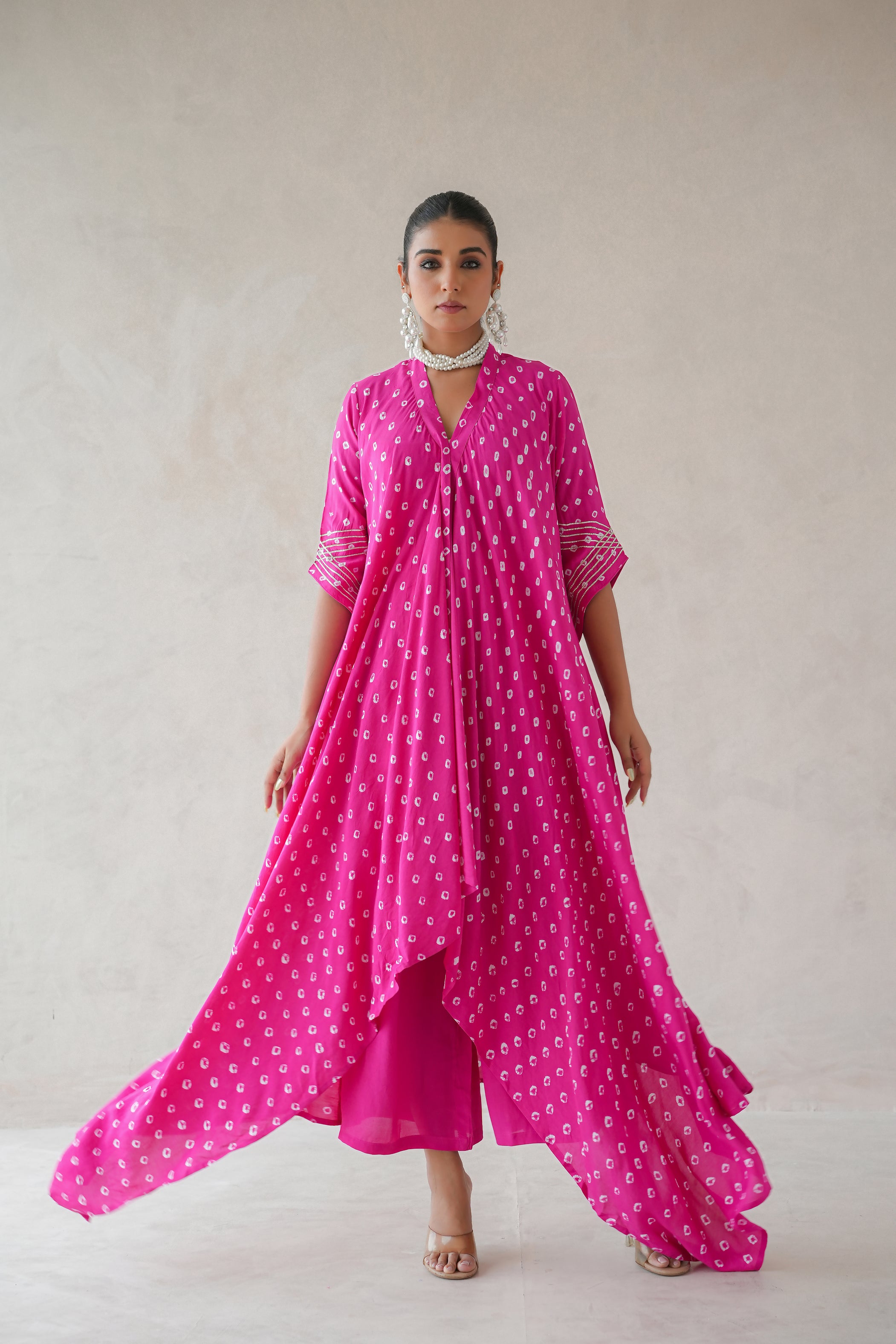 Bandhani Asymmetrical Kurta Set (Hot Pink)