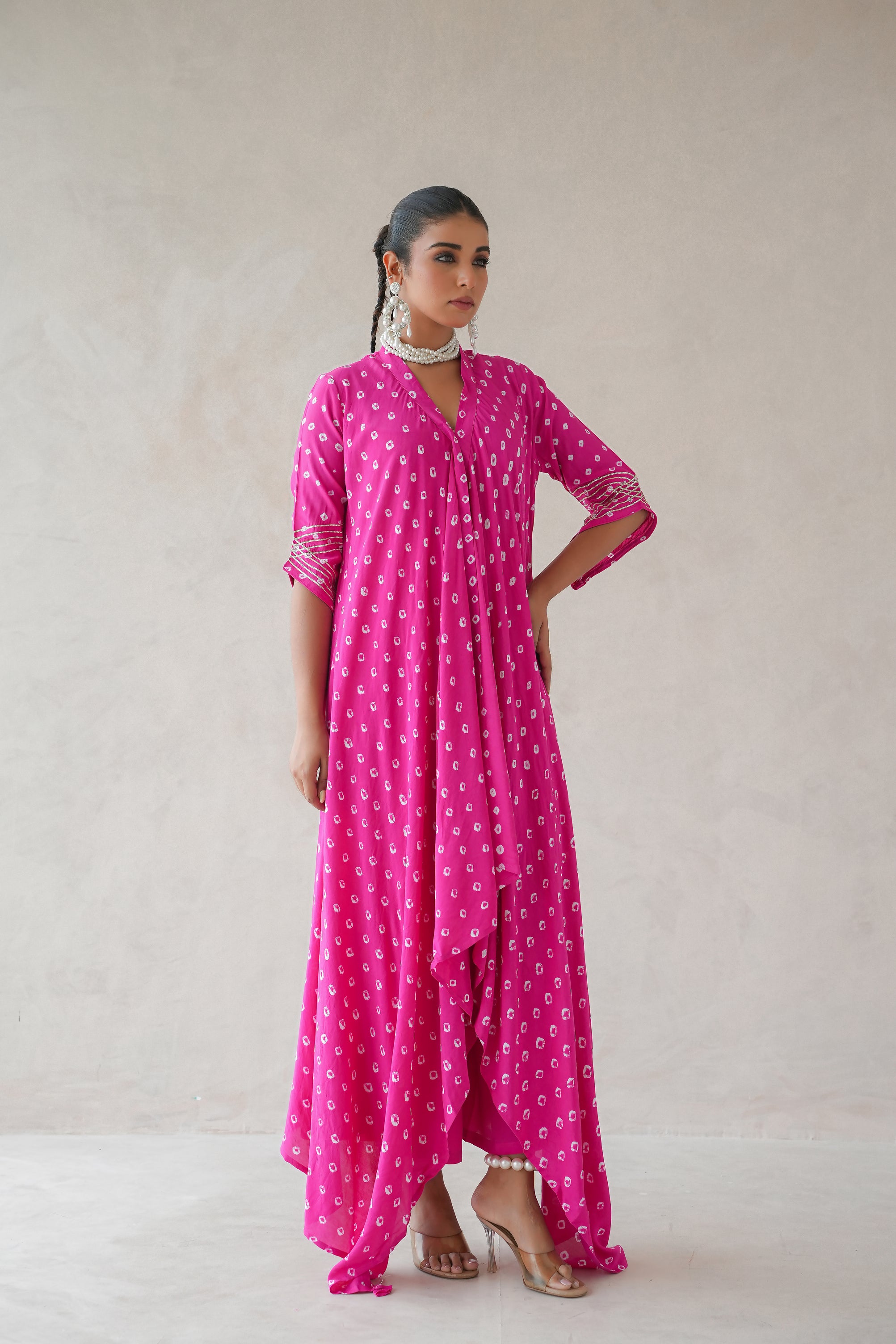 Bandhani Asymmetrical Kurta Set (Hot Pink)