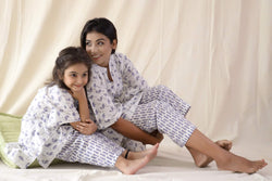 Flamingo Print Cotton Blockprint Mother And Kid Twining Set Kaftan And Pyjama Set - Set Of Four