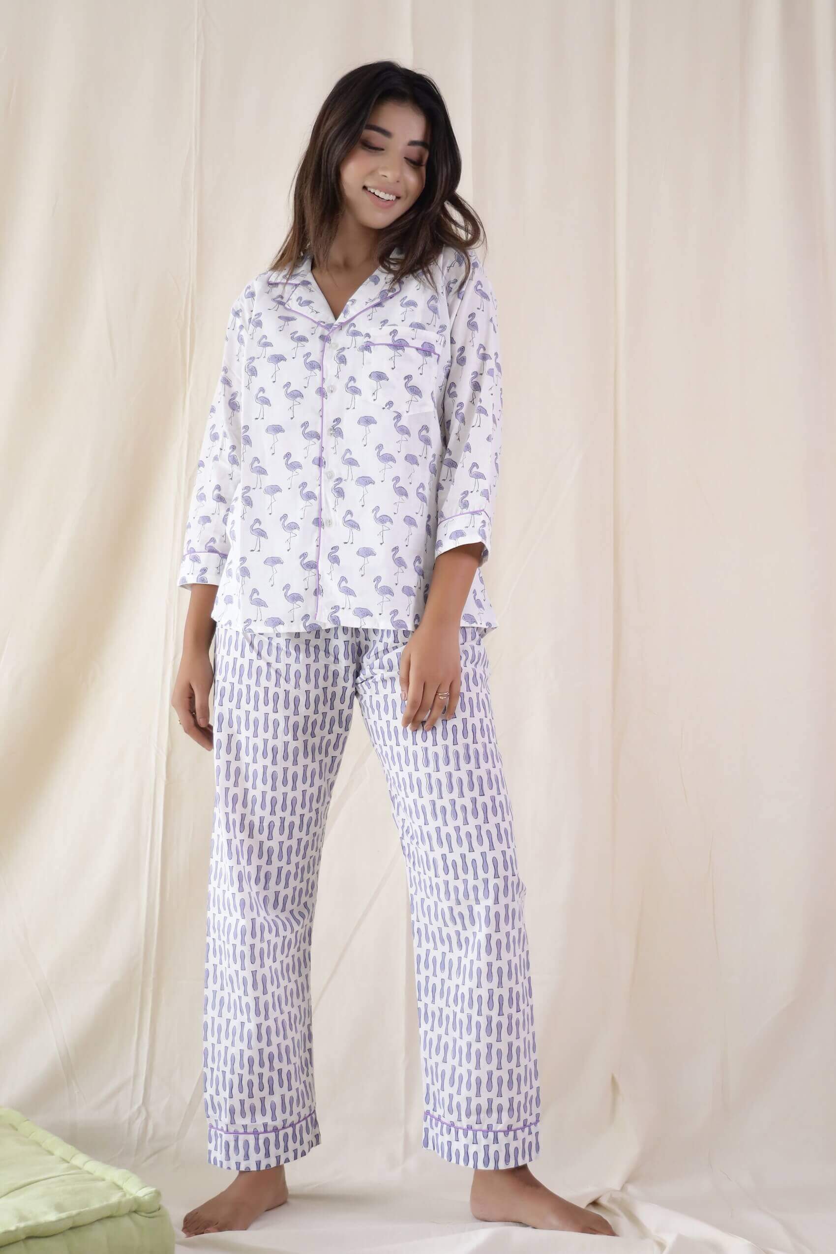 Flamingo Print Nightsuit With Pyjamas- Set Of Two
