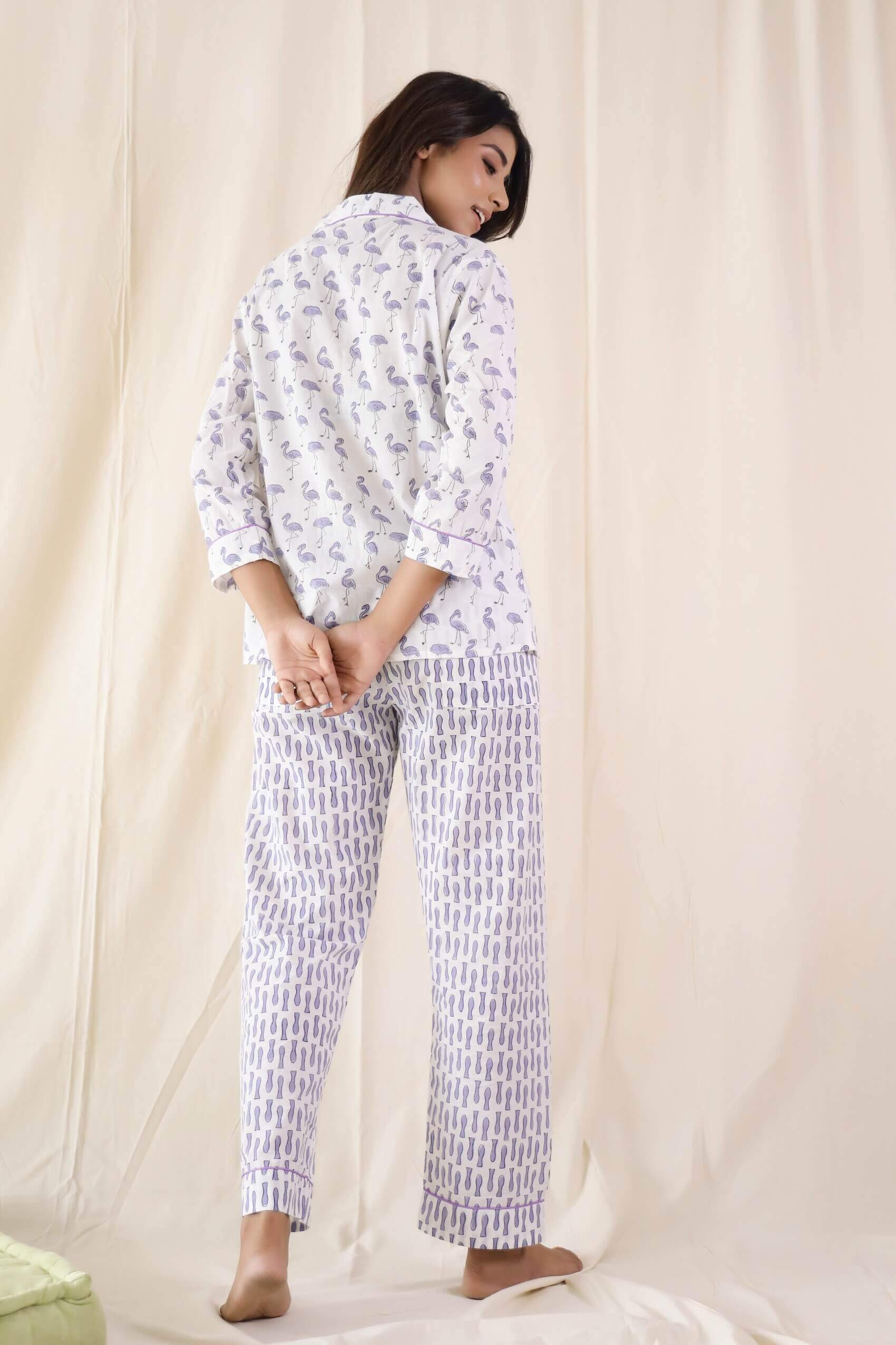 Flamingo Print Nightsuit With Pyjamas- Set Of Two