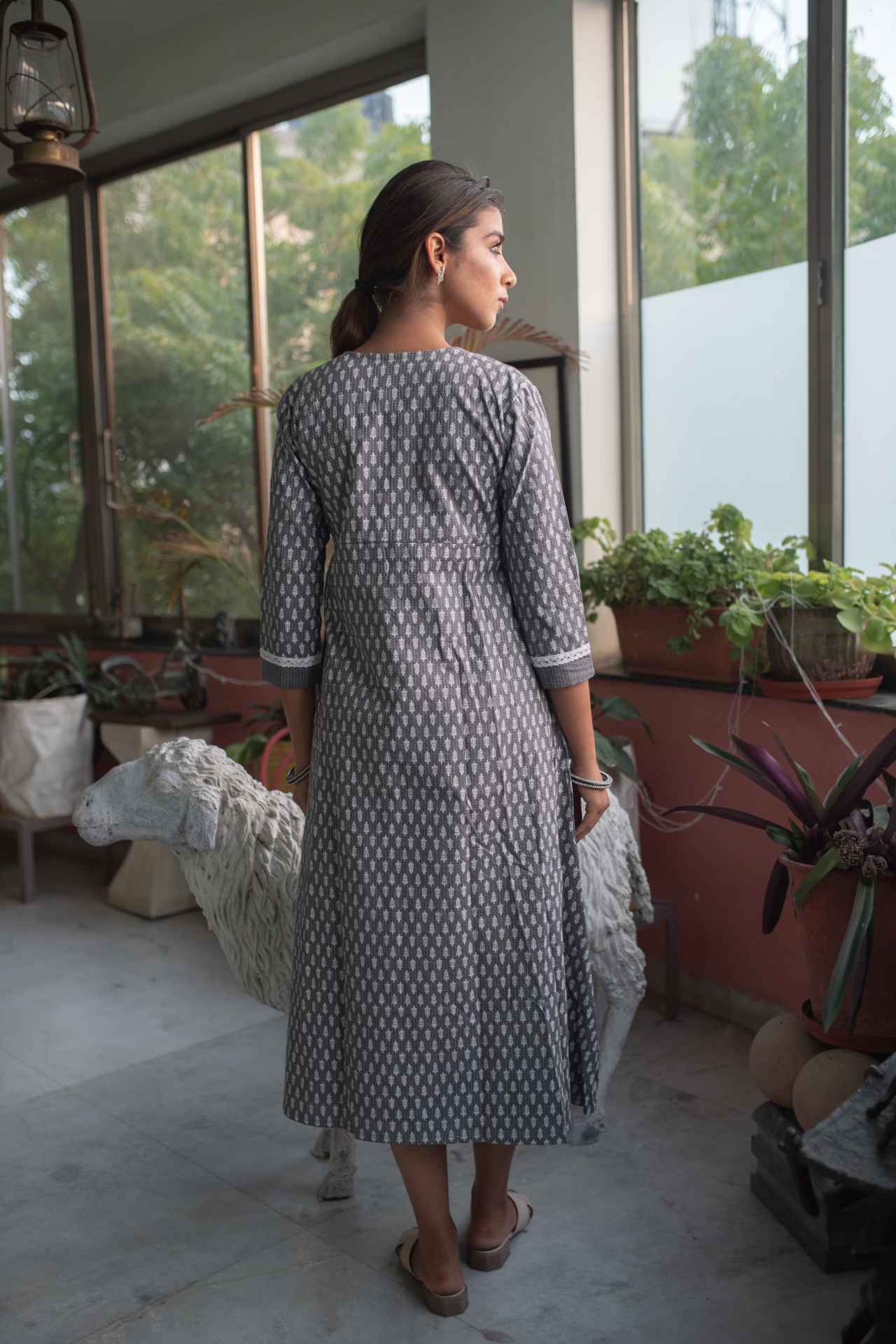 Grey Self Weaved Dress With Gathered Overlay