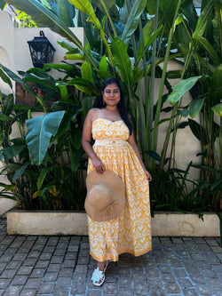 Yellow White Hand Block Printed Cotton Spaghetti Dress