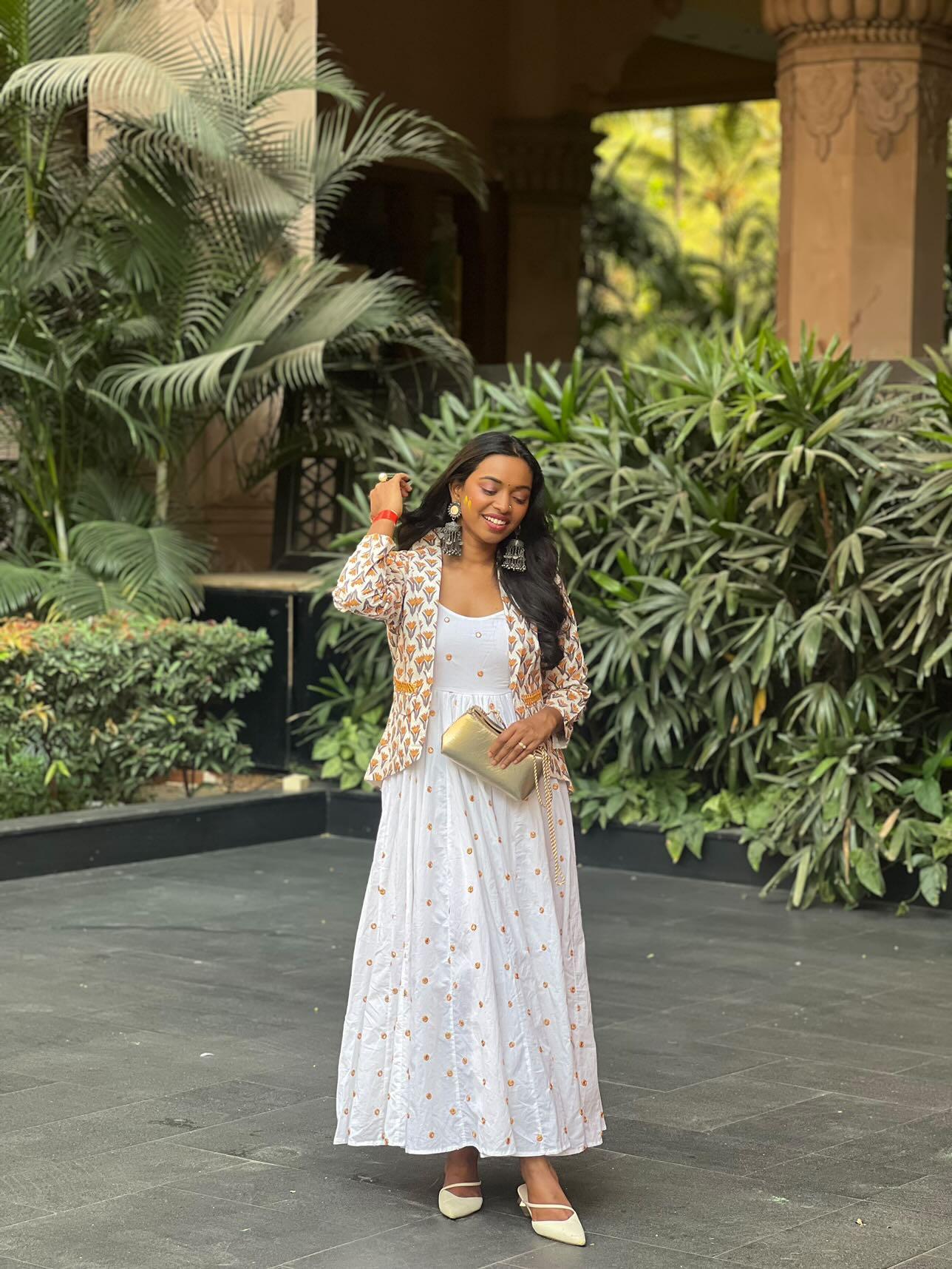 White Yellow Mirror Work Cotton Dress with Hand Block Printed Jacket - Set of two