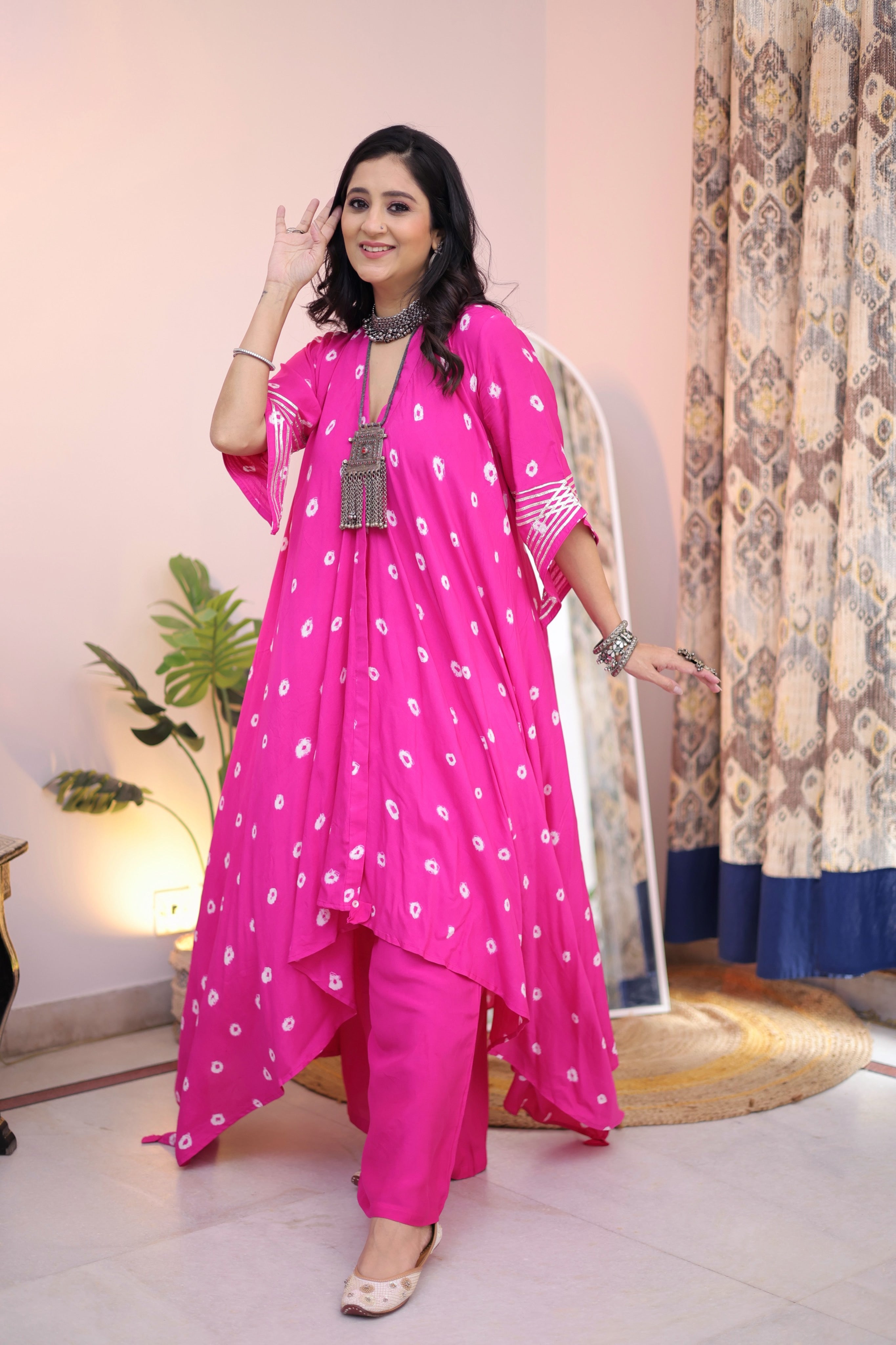 Bandhani Asymmetrical Kurta Set (Hot Pink)