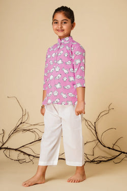 Bird print unisex kurta with white pyjamas for kids - set of two