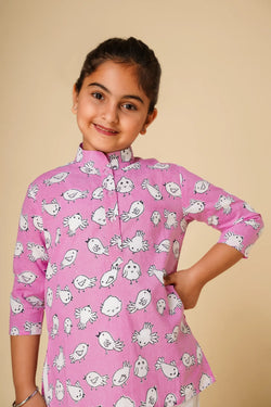 Bird print unisex kurta with white pyjamas for kids - set of two