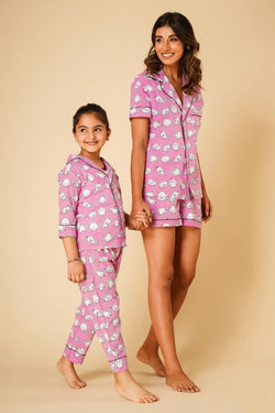 Bird print nightsuit with shorts- Set of two