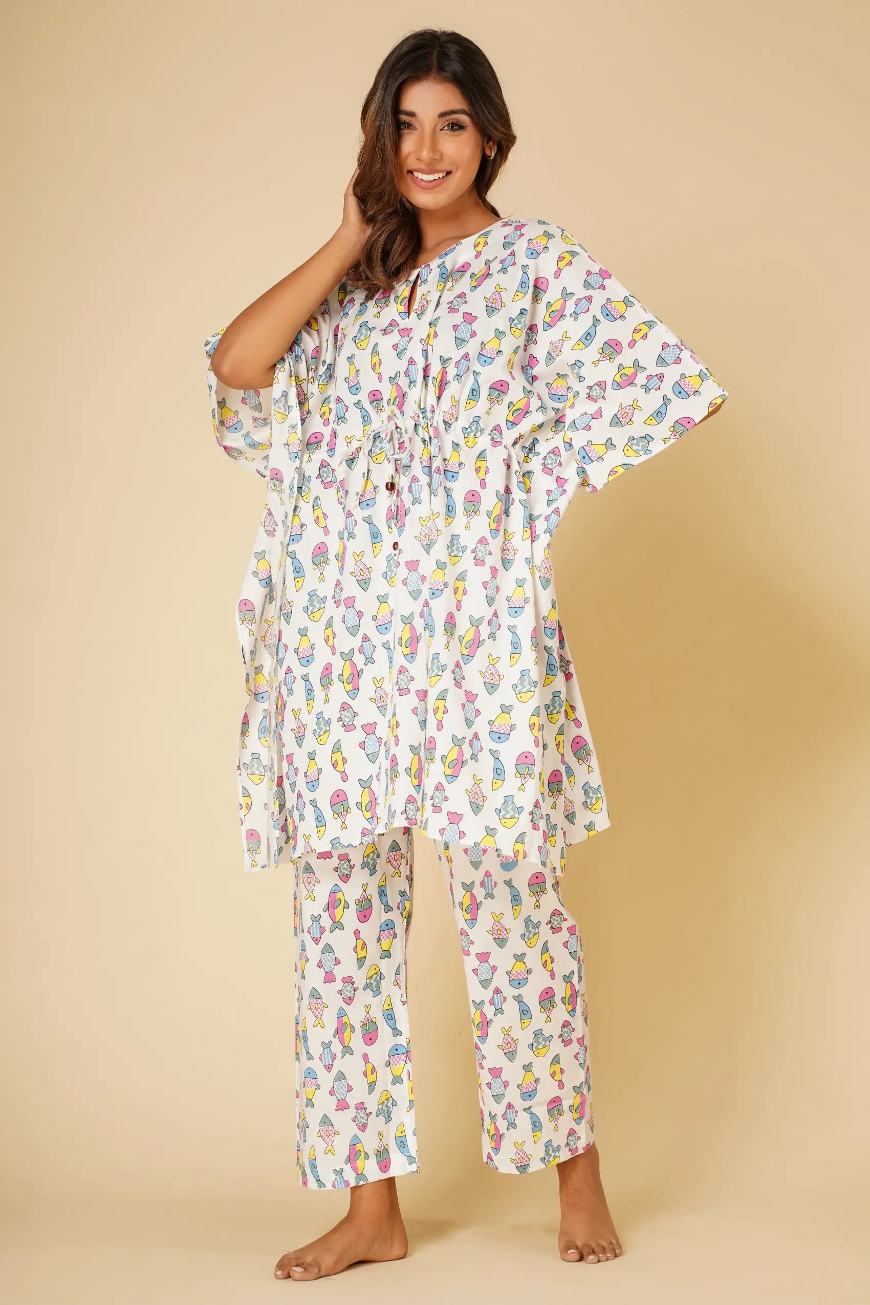 Fish print Kaftan and pyjama - Set of two