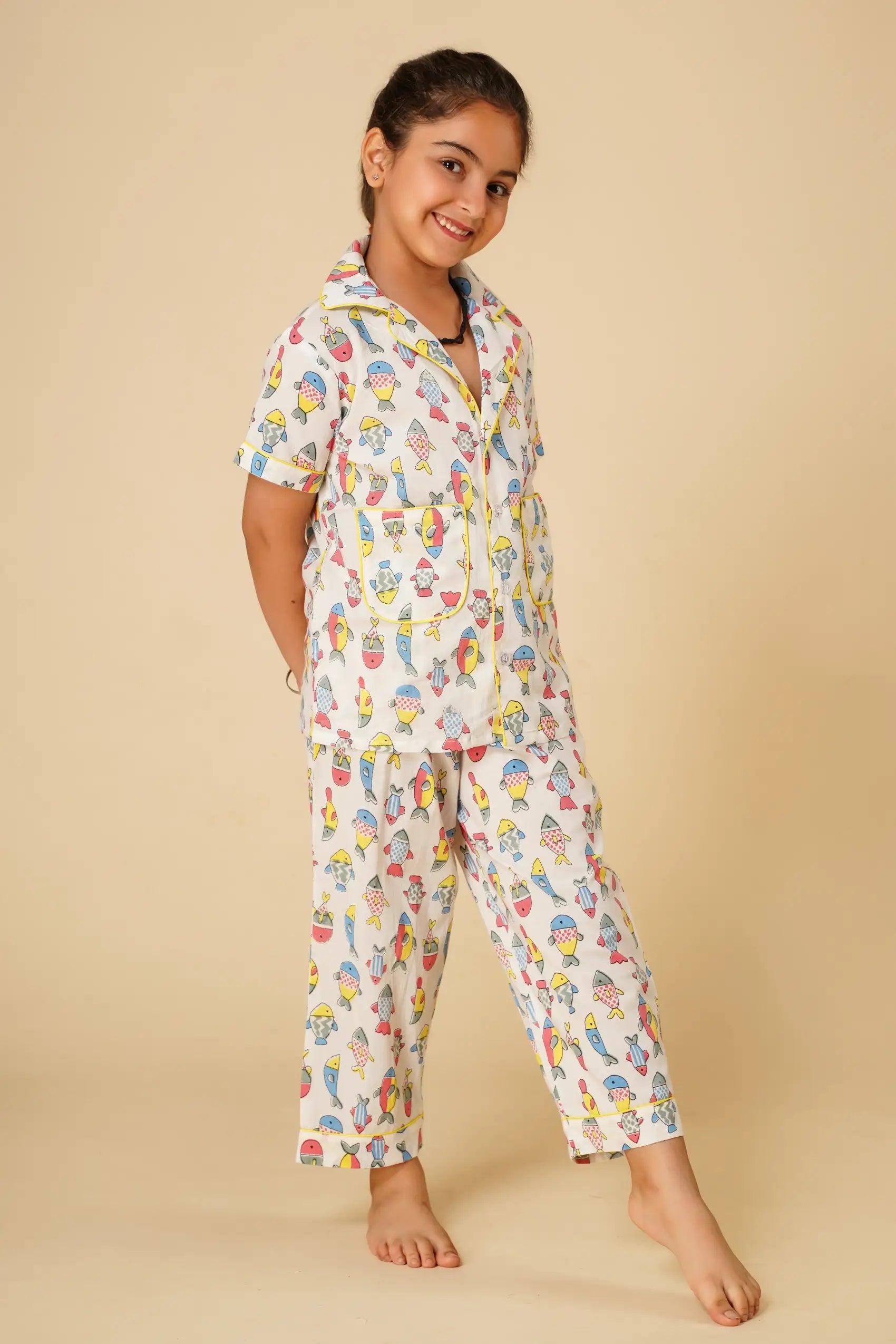 Fish print unisex nightsuit for kids - Set of two
