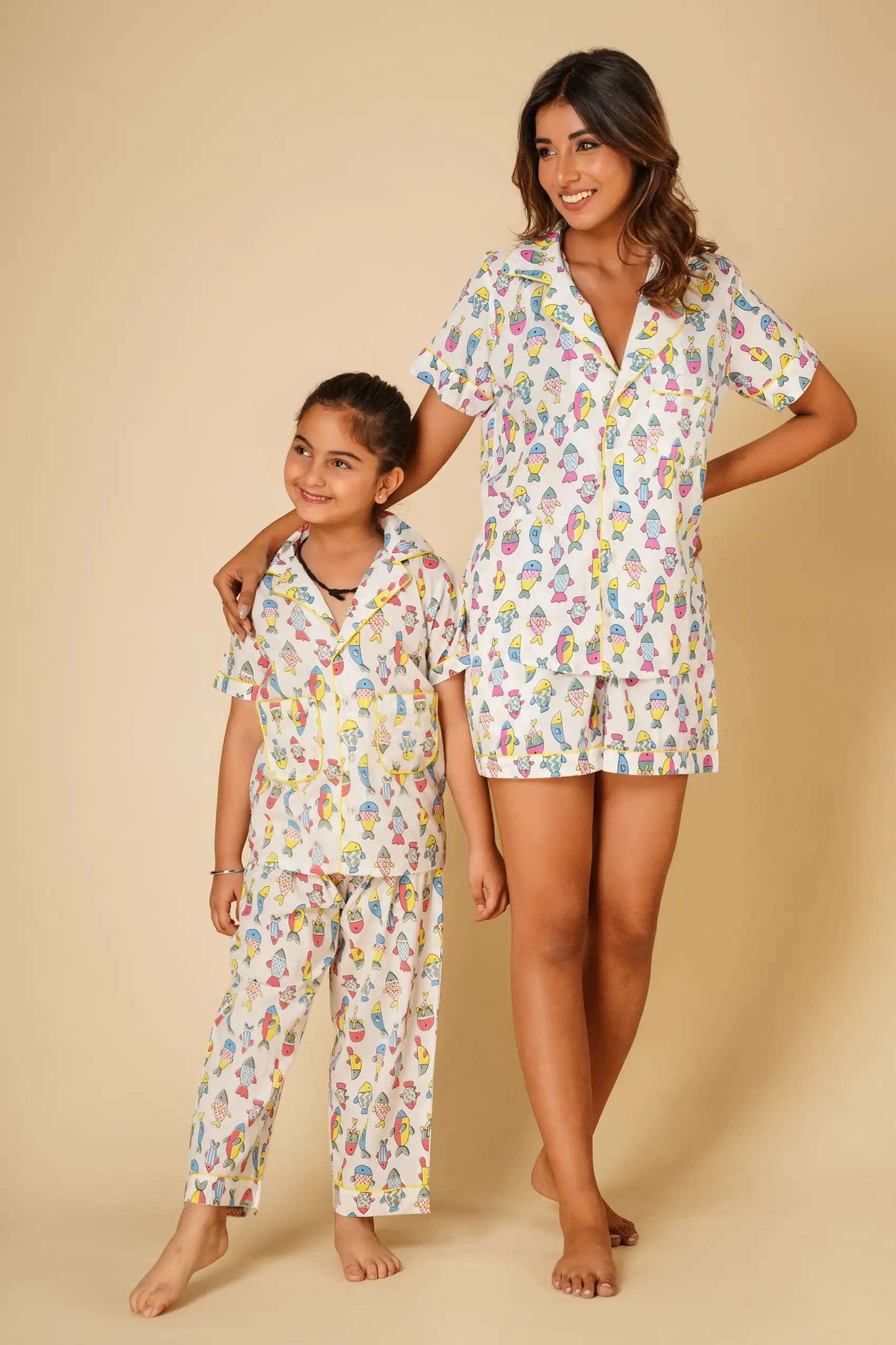 Fish print nightsuit with shorts- Set of two