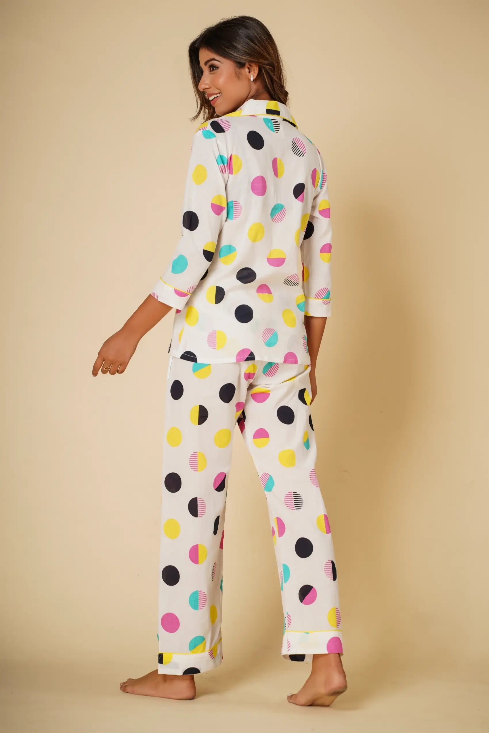 Polka print nightsuit with pyjamas- Set of two