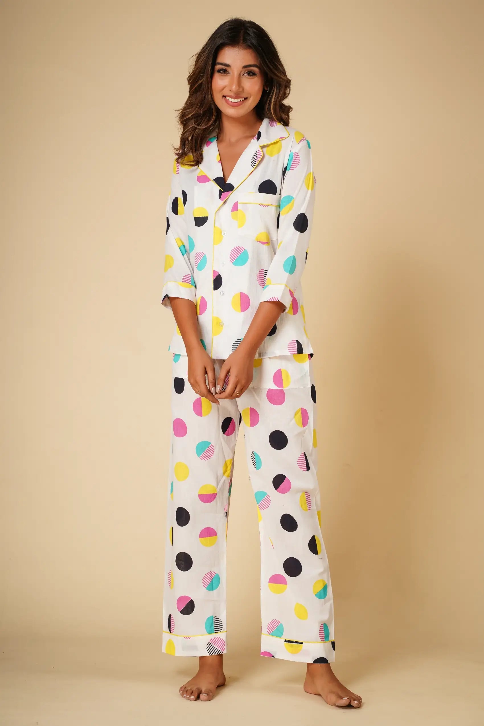 Polka print nightsuit with pyjamas- Set of two