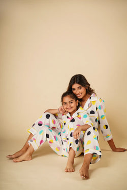 Polka print nightsuit with pyjamas- Set of two