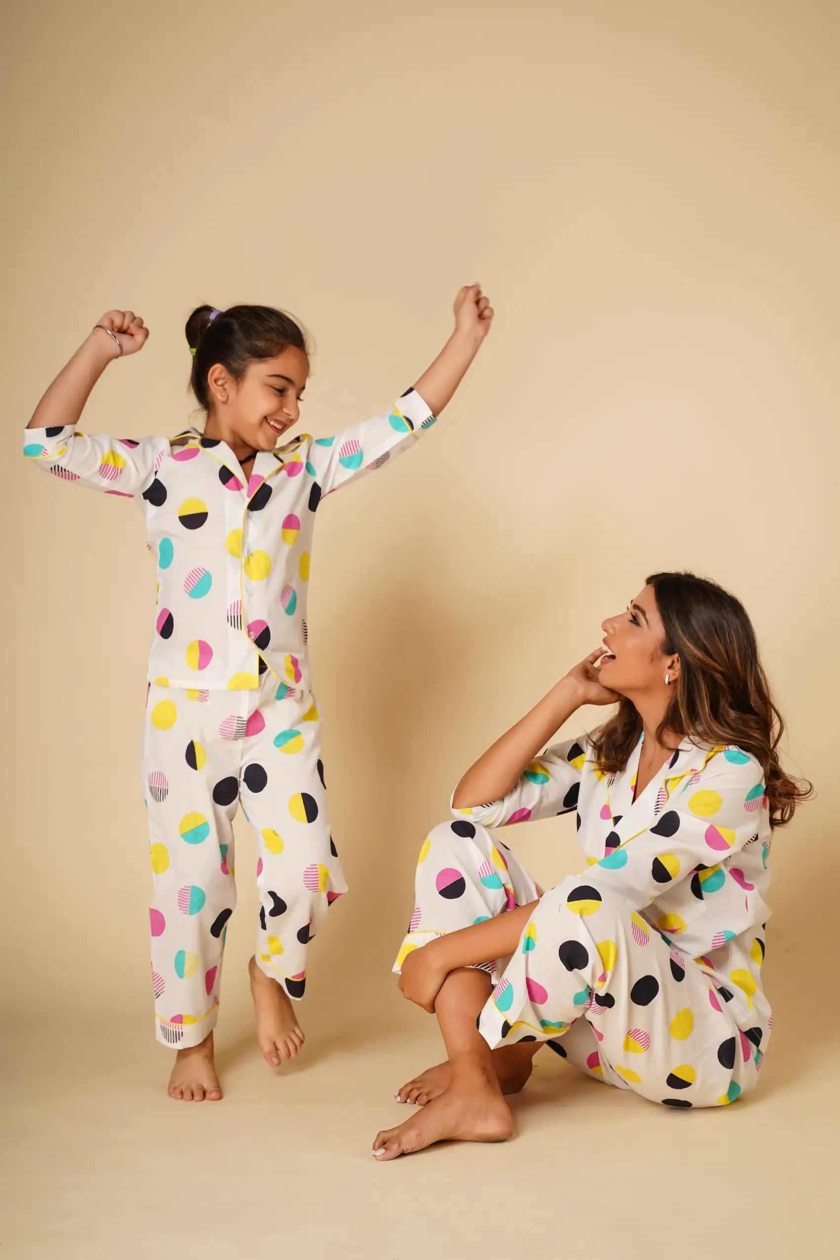 Polka print nightsuit with pyjamas- Set of two