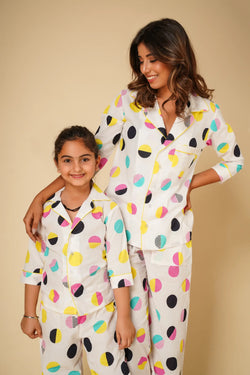 Polka print nightsuit with pyjamas- Set of two