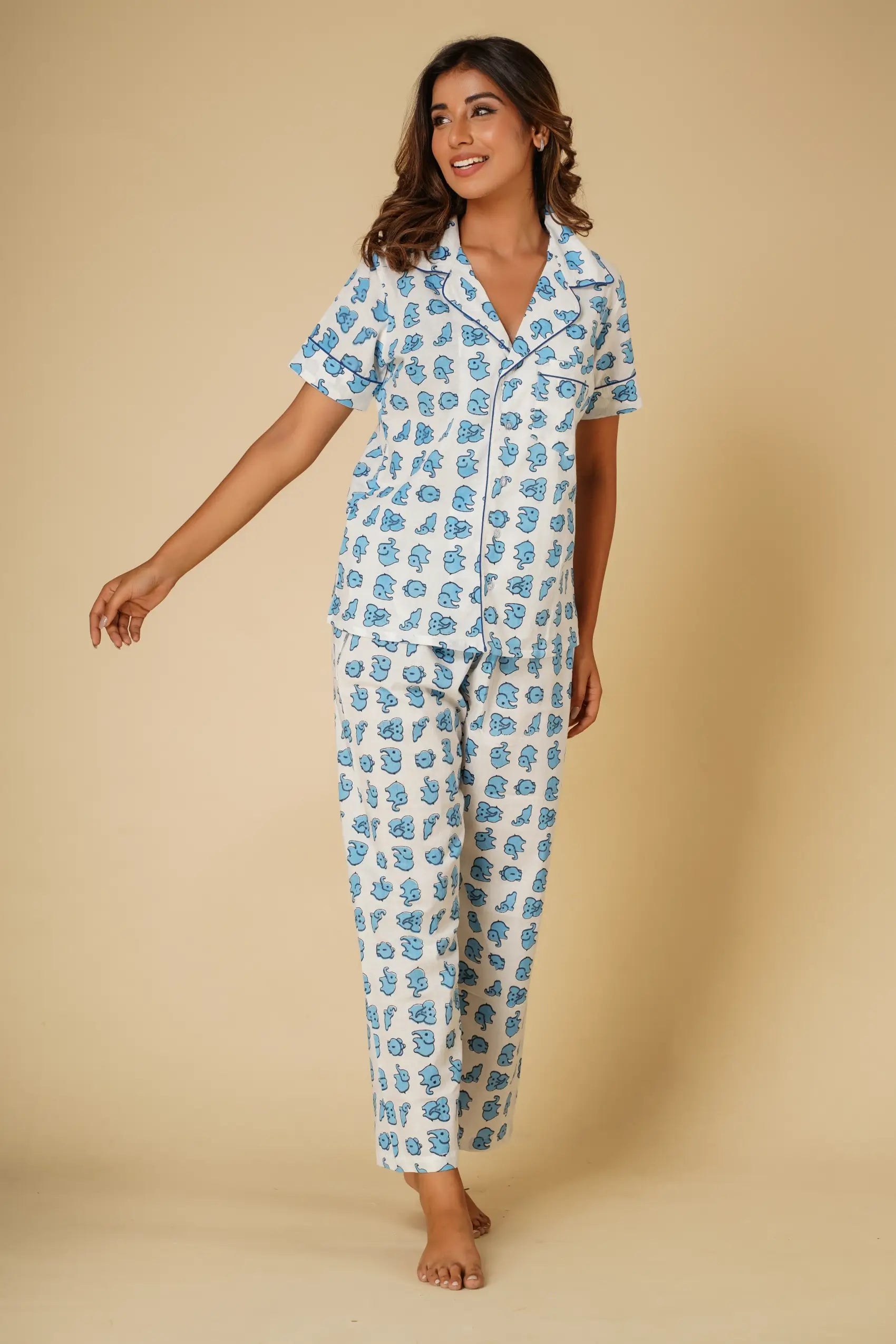 Elephant print nightsuit with pyjamas- Set of two