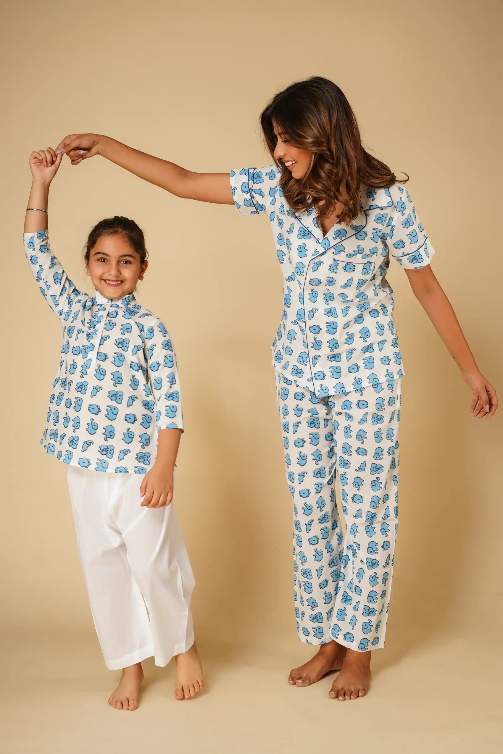 Elephant print unisex kurta with white pyjamas for kids -set of two