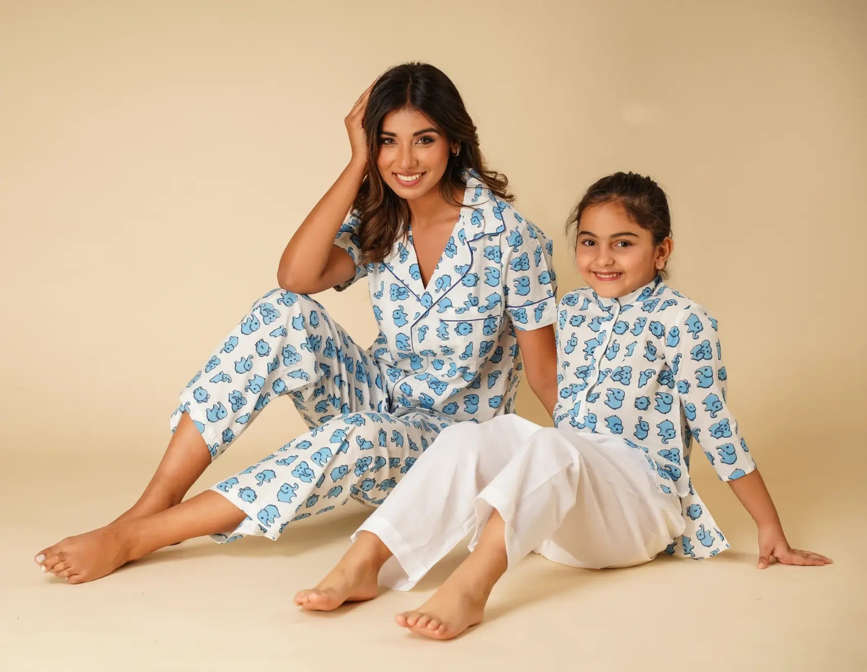 Elephant print unisex kurta with white pyjamas for kids -set of two