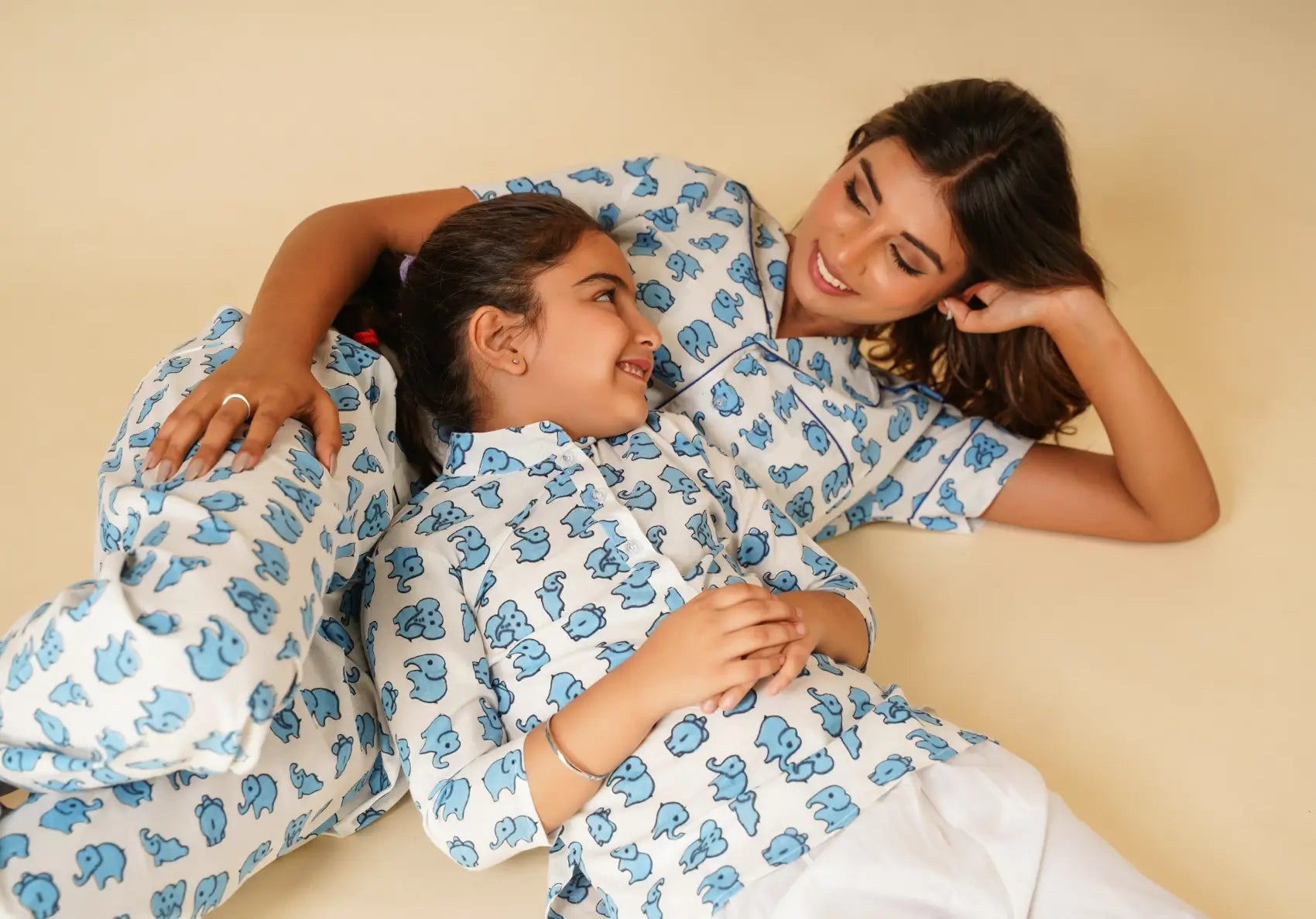 Elephant print unisex kurta with white pyjamas for kids -set of two