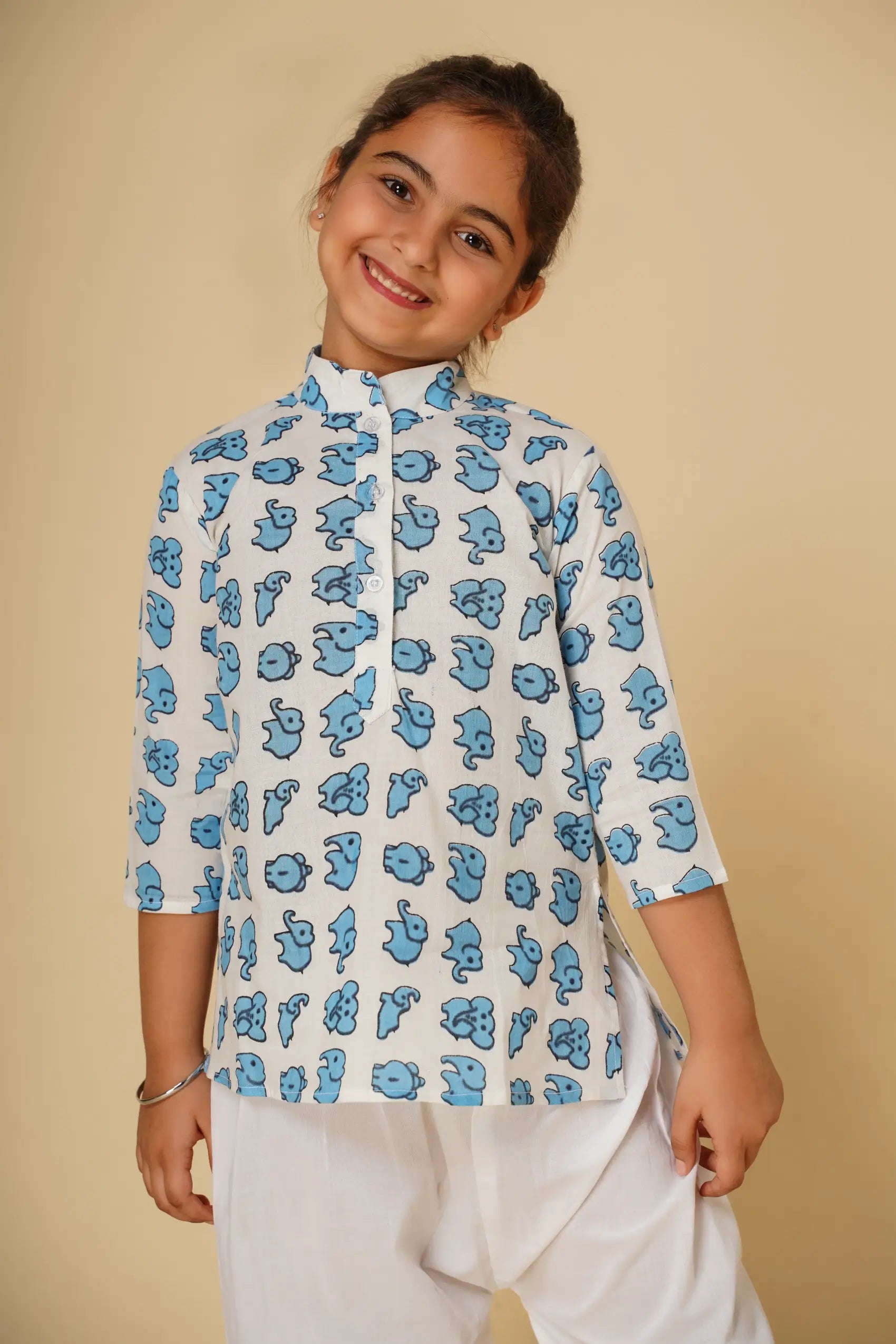 Elephant print unisex kurta with white pyjamas for kids -set of two