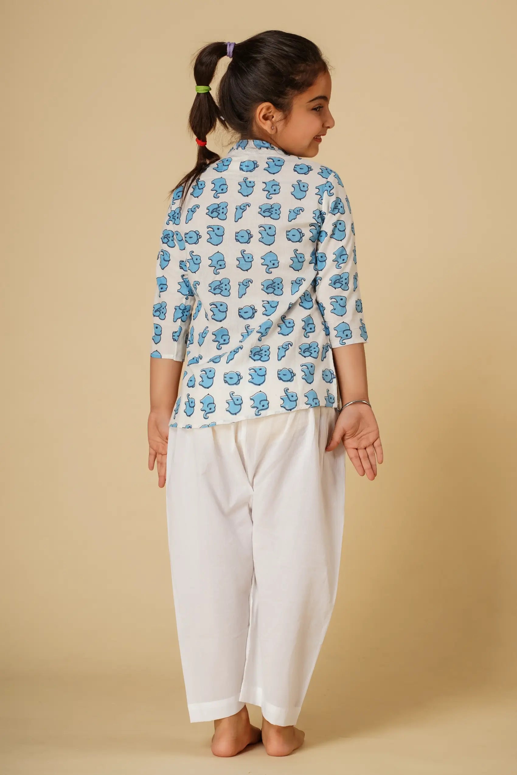 Elephant print unisex kurta with white pyjamas for kids -set of two