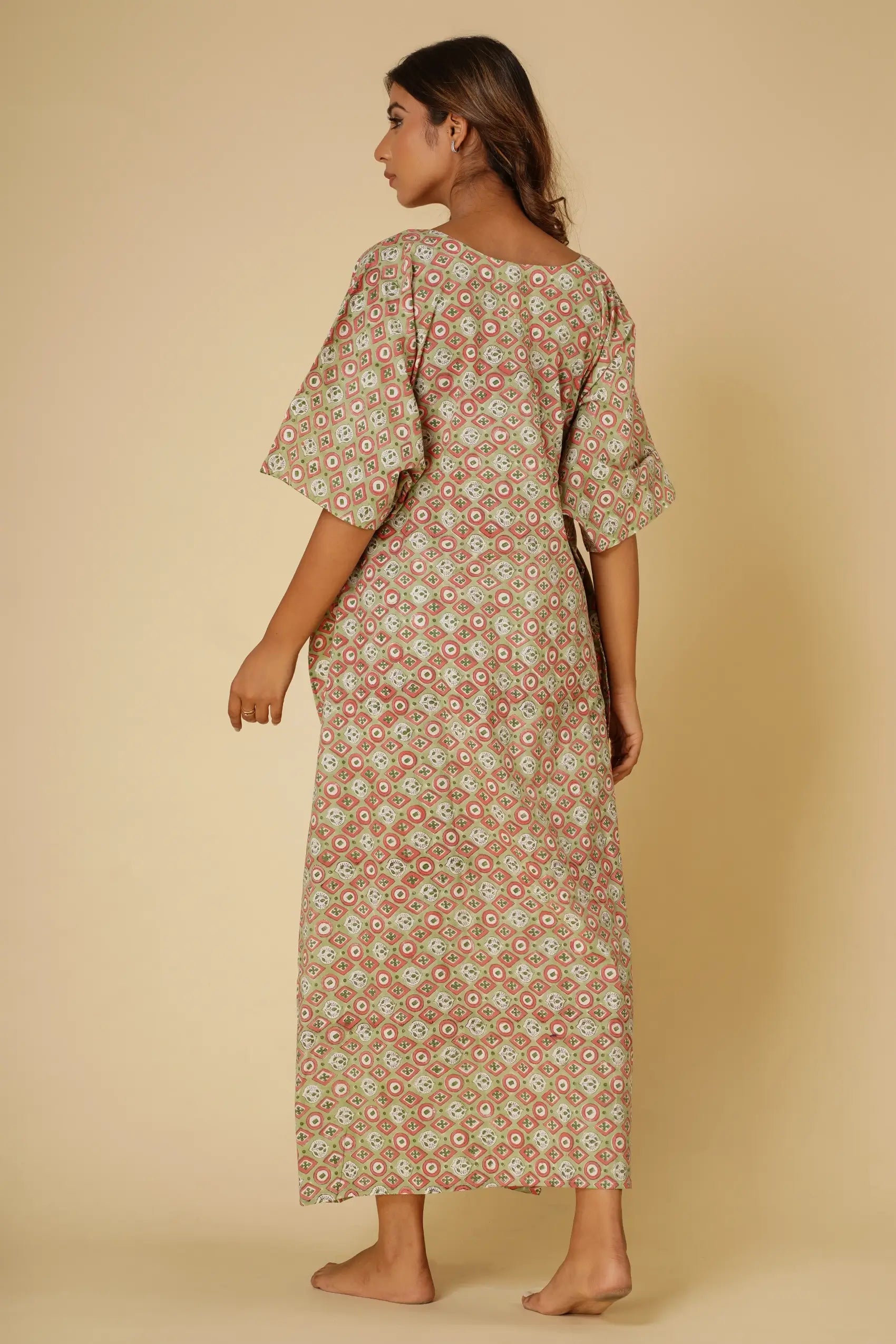 Green cotton block print Kaftan