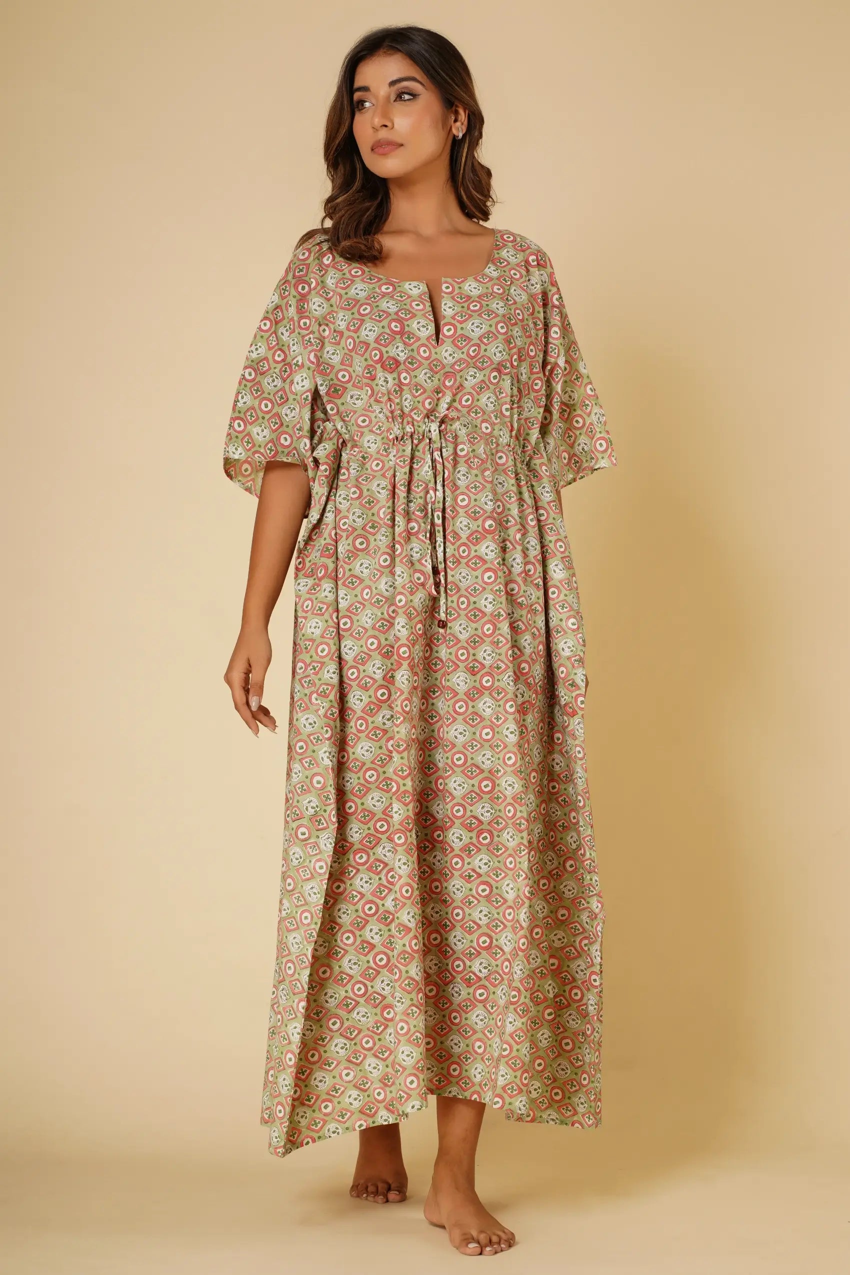 Green cotton block print Kaftan