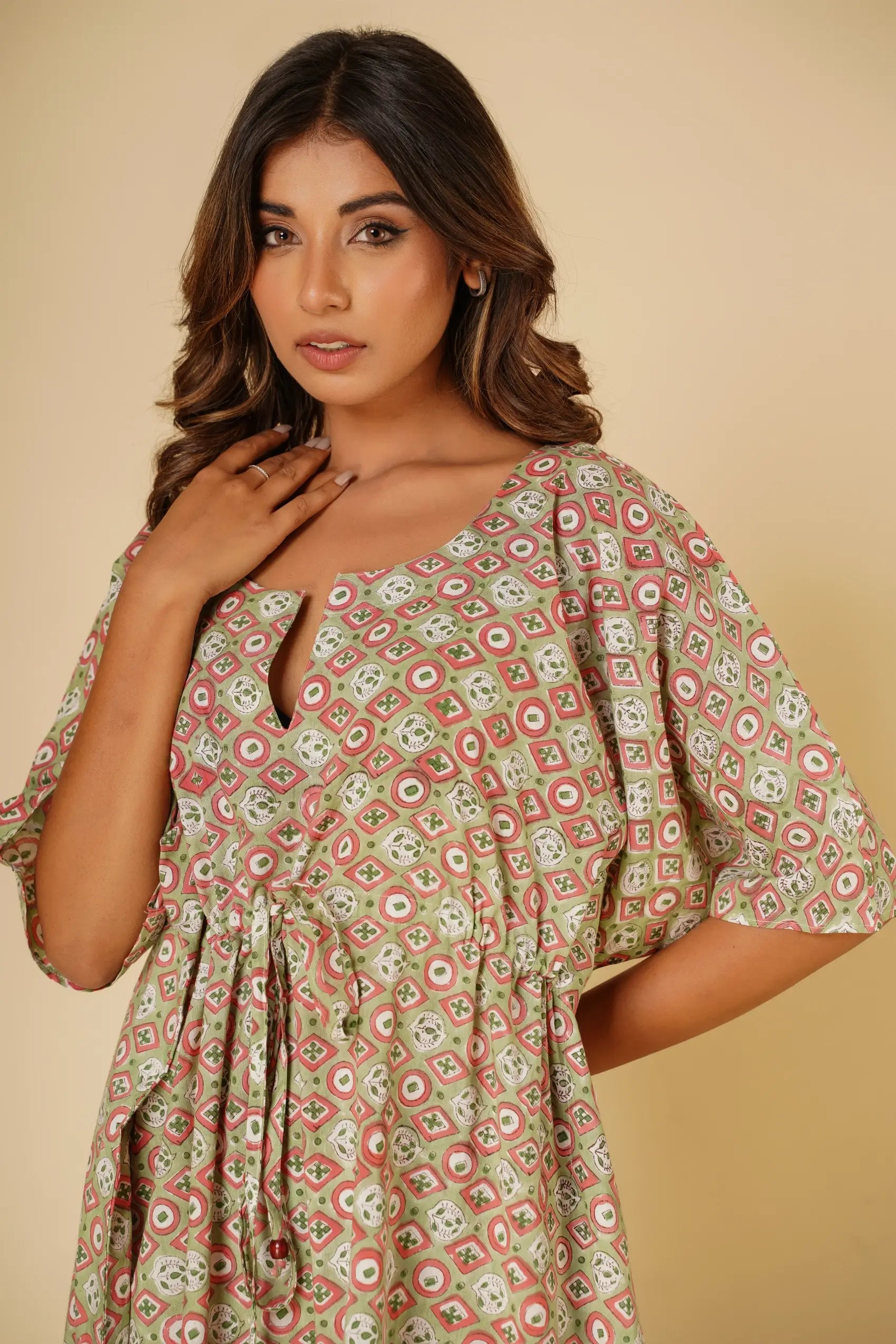 Green cotton block print Kaftan