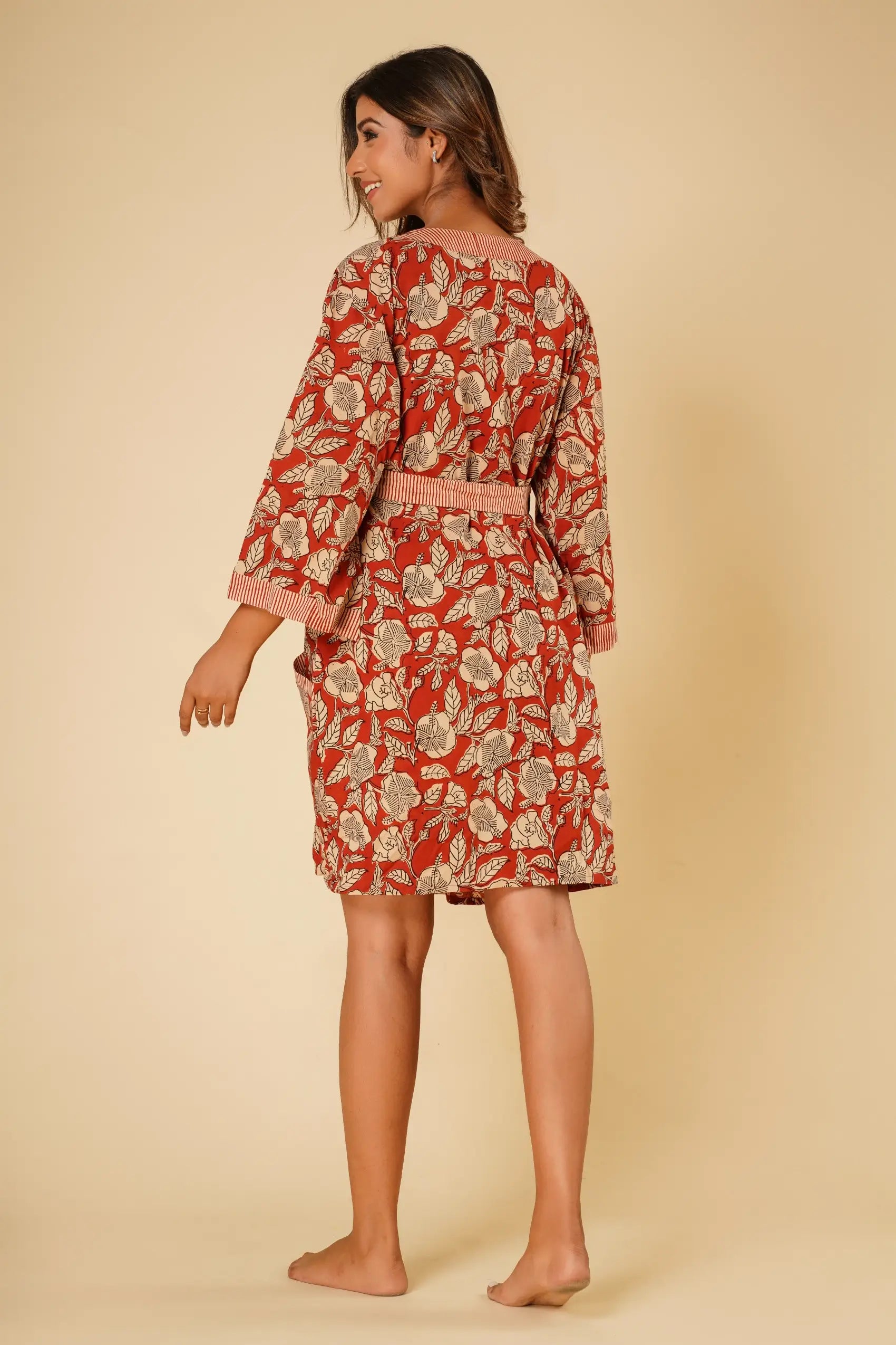 Red floral block print robe