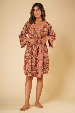 Red floral block print robe