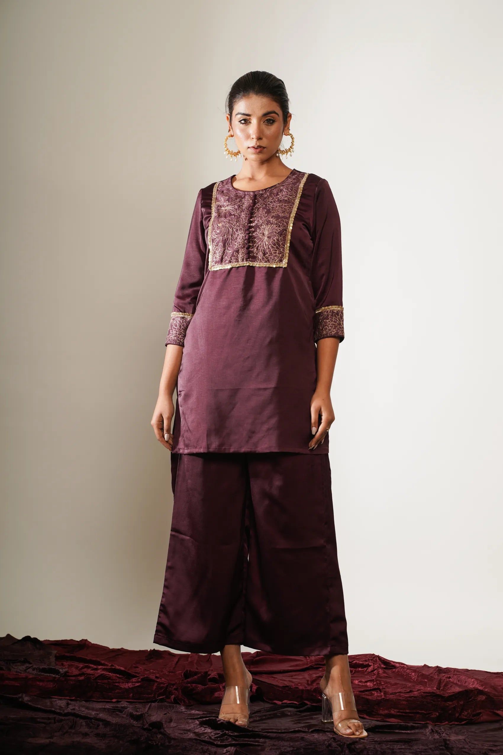 Maroon short high low kurta with Palazzo