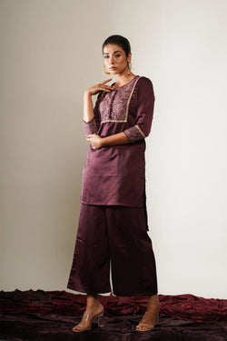 Maroon short high low kurta with Palazzo