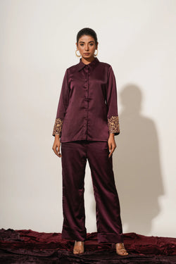 Maroon embellished shirt with trousers