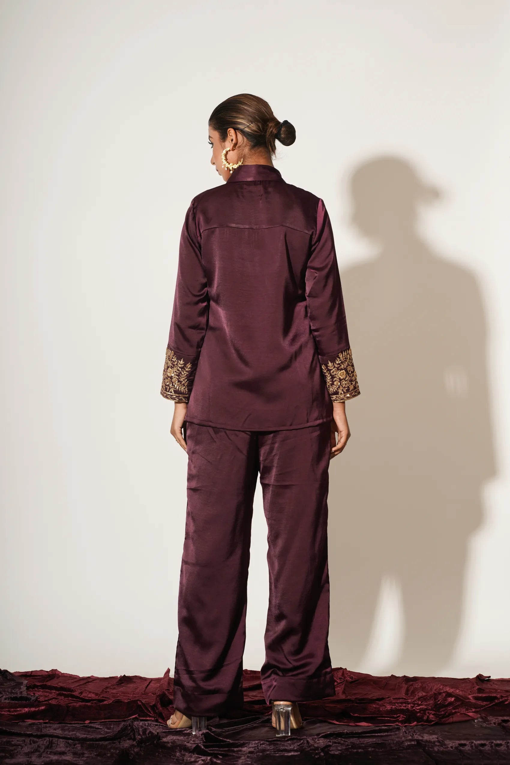 Maroon embellished shirt with trousers