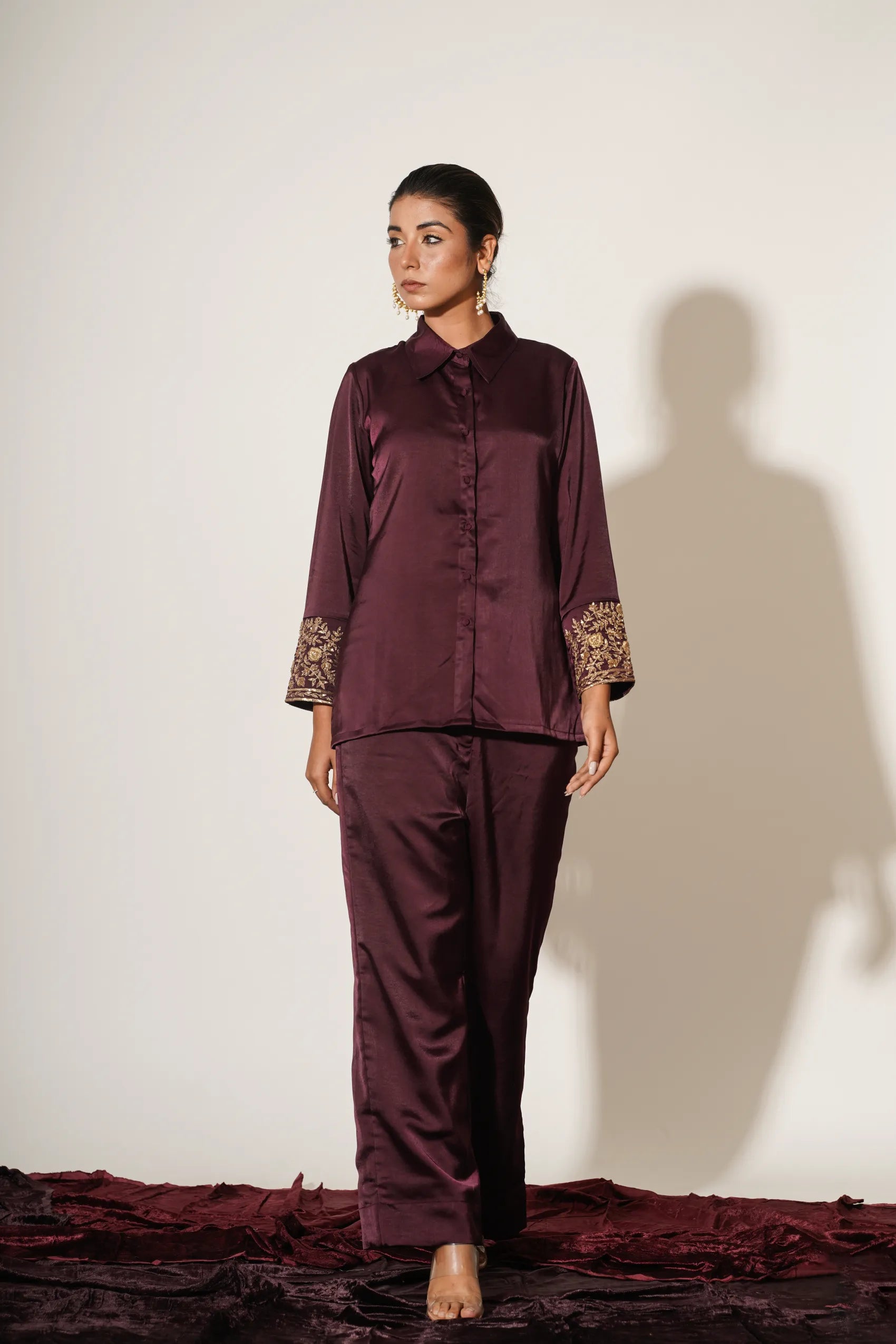Maroon embellished shirt with trousers