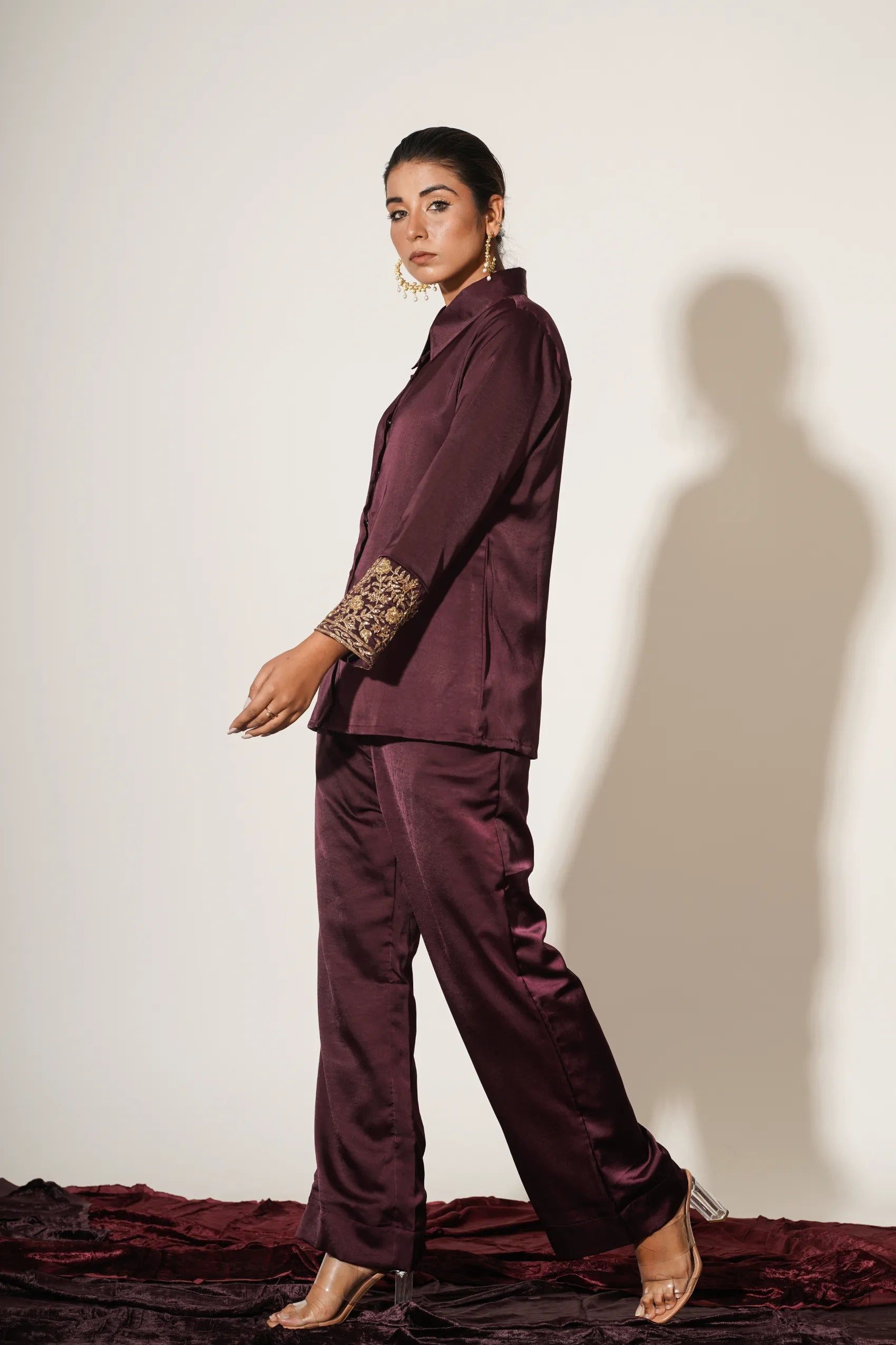 Maroon embellished shirt with trousers