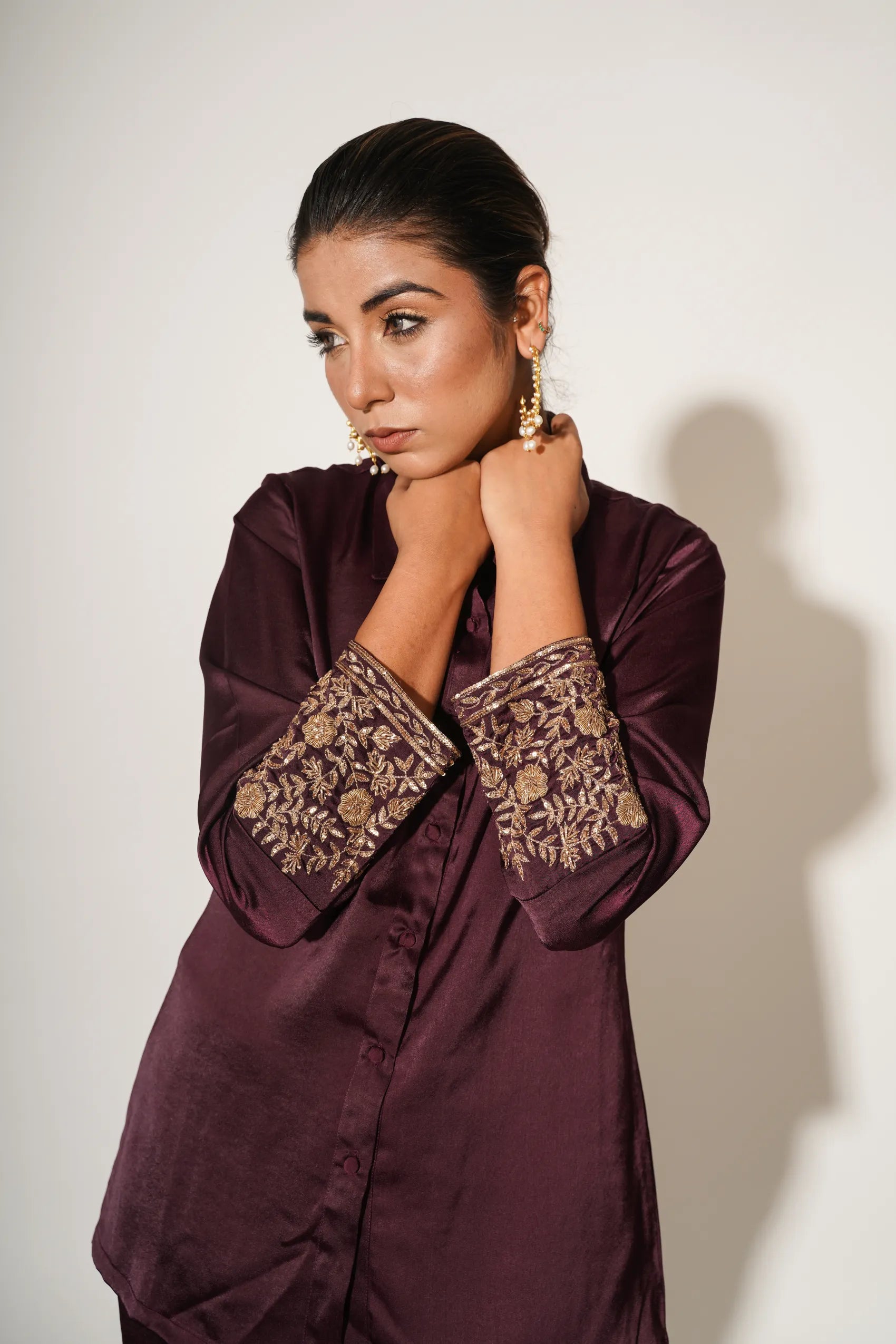 Maroon embellished shirt with trousers