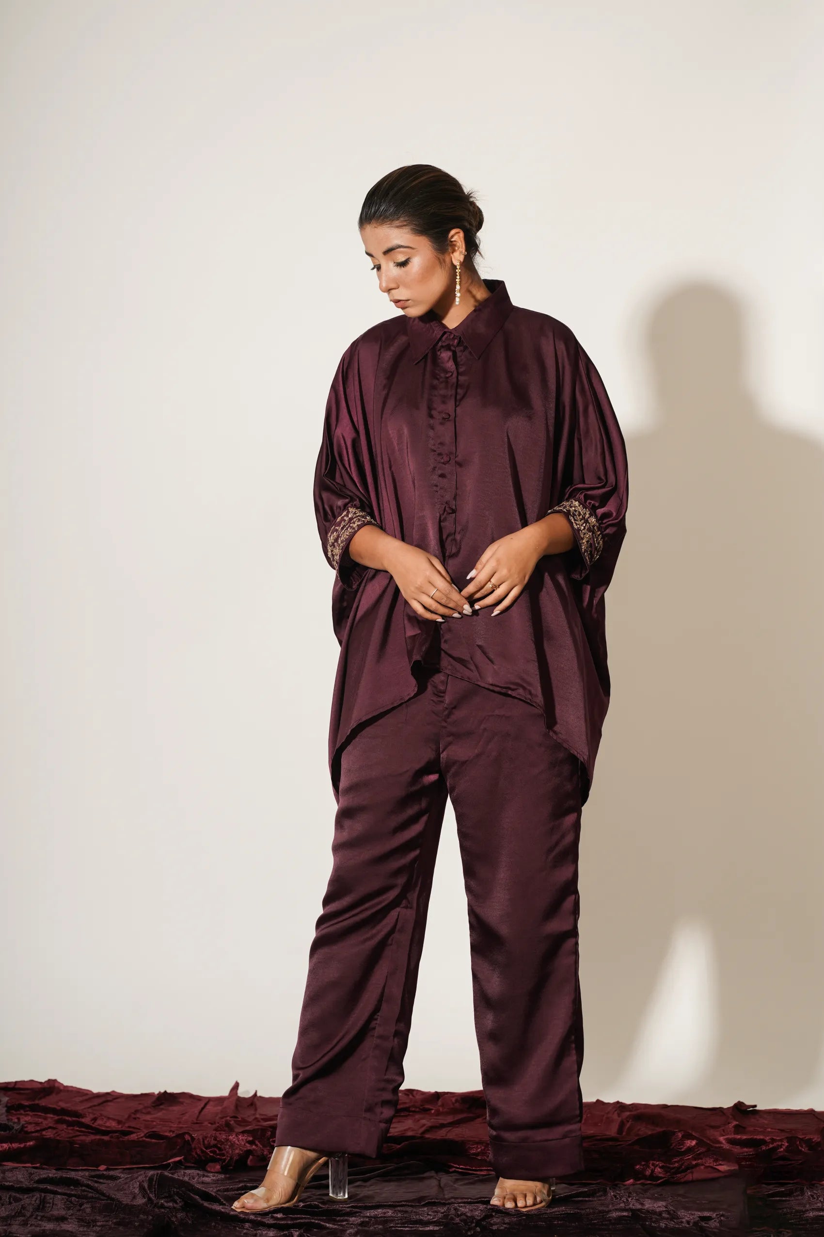 Maroon Kaftan Shirt with Trousers