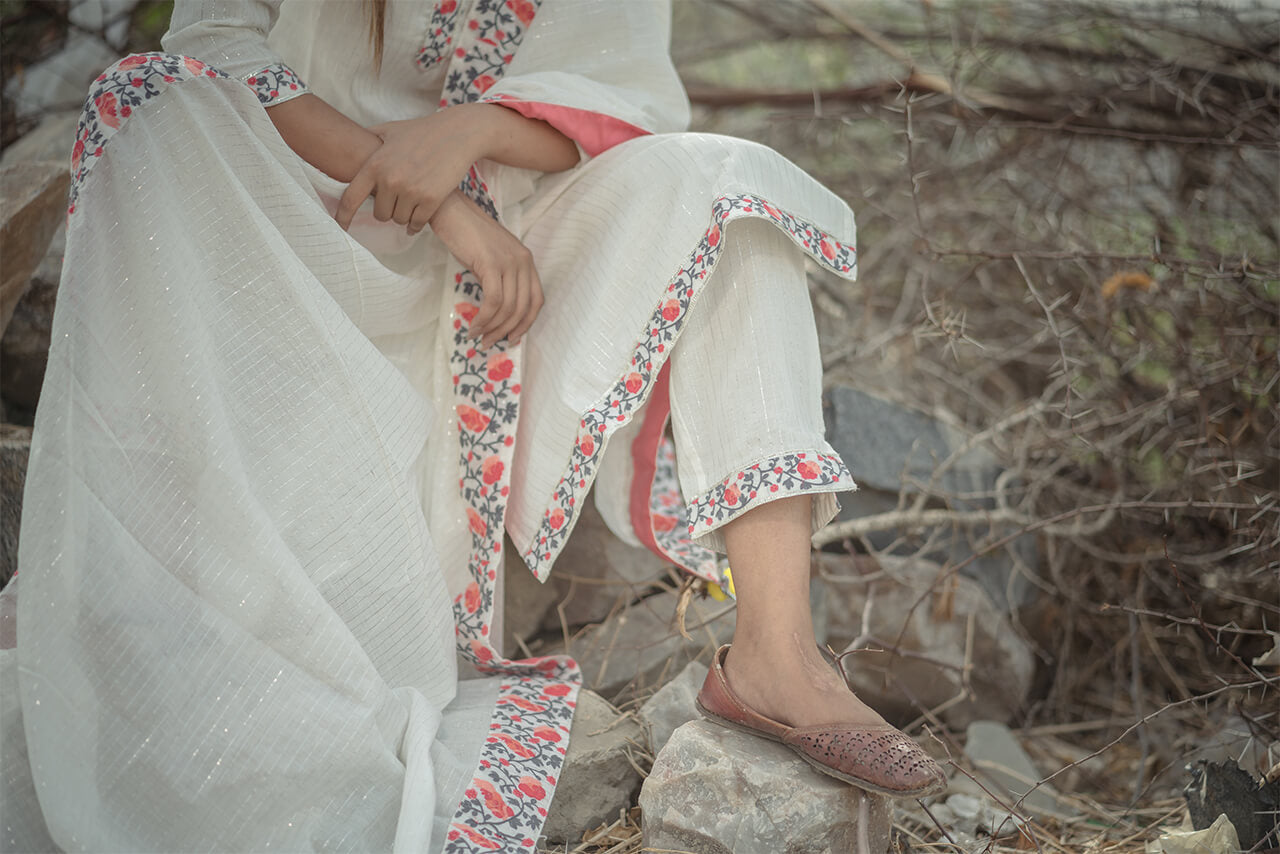 Peach and Grey Embroidered Straight Suit - Set of Three