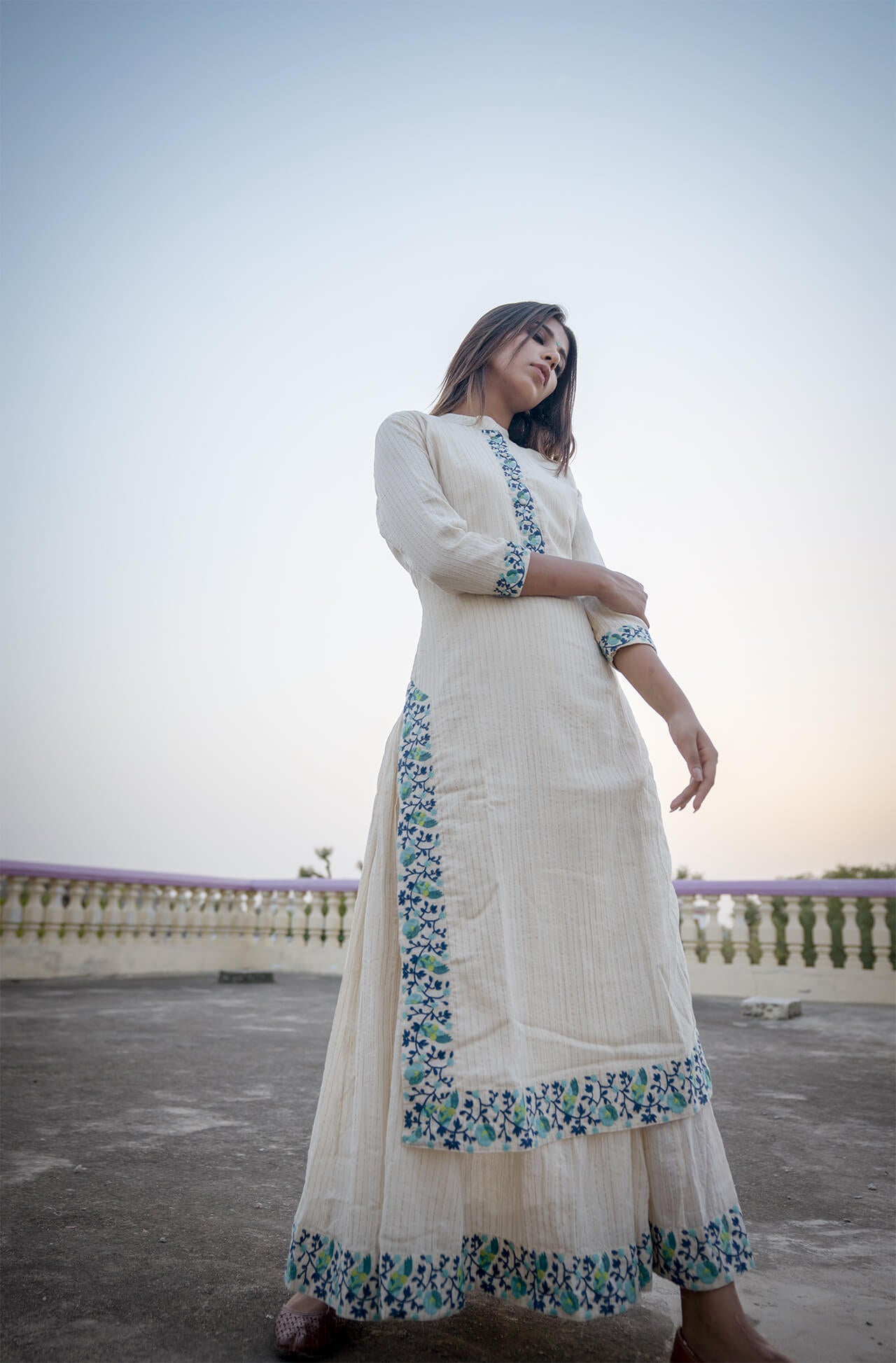 Turquoise and Blue Enbroidered Kurta and Inner - Set of Two